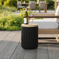 Black Fluted Round Patio Side Table With Lid Built In Metal Ice Bucket