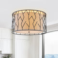 Black Geometric Metal Cage Flush Mount Fabric Shade 3 Light Ceiling Dia.16.93 Inch