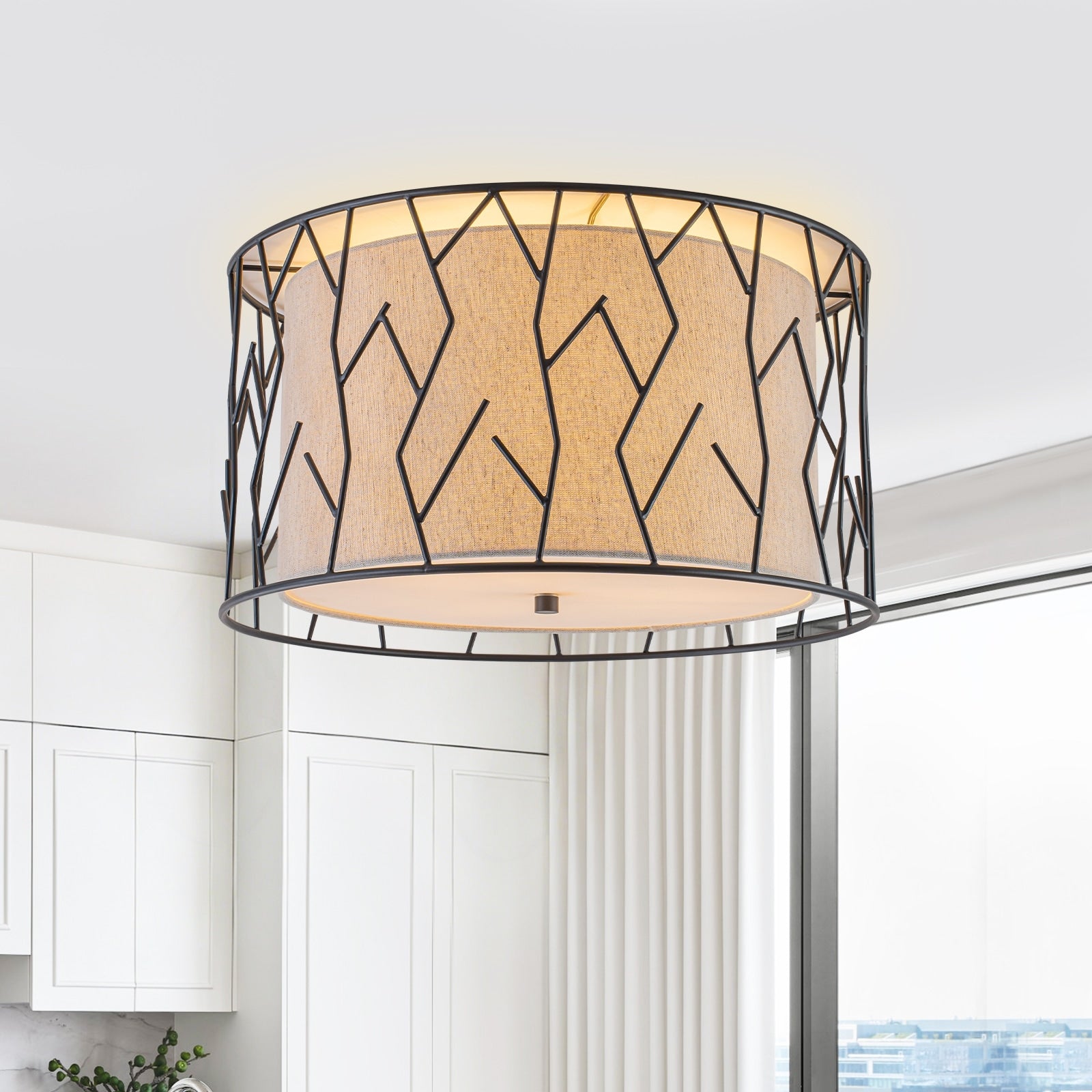 Black Geometric Metal Cage Flush Mount Fabric Shade 3 Light Ceiling Dia.16.93 Inch