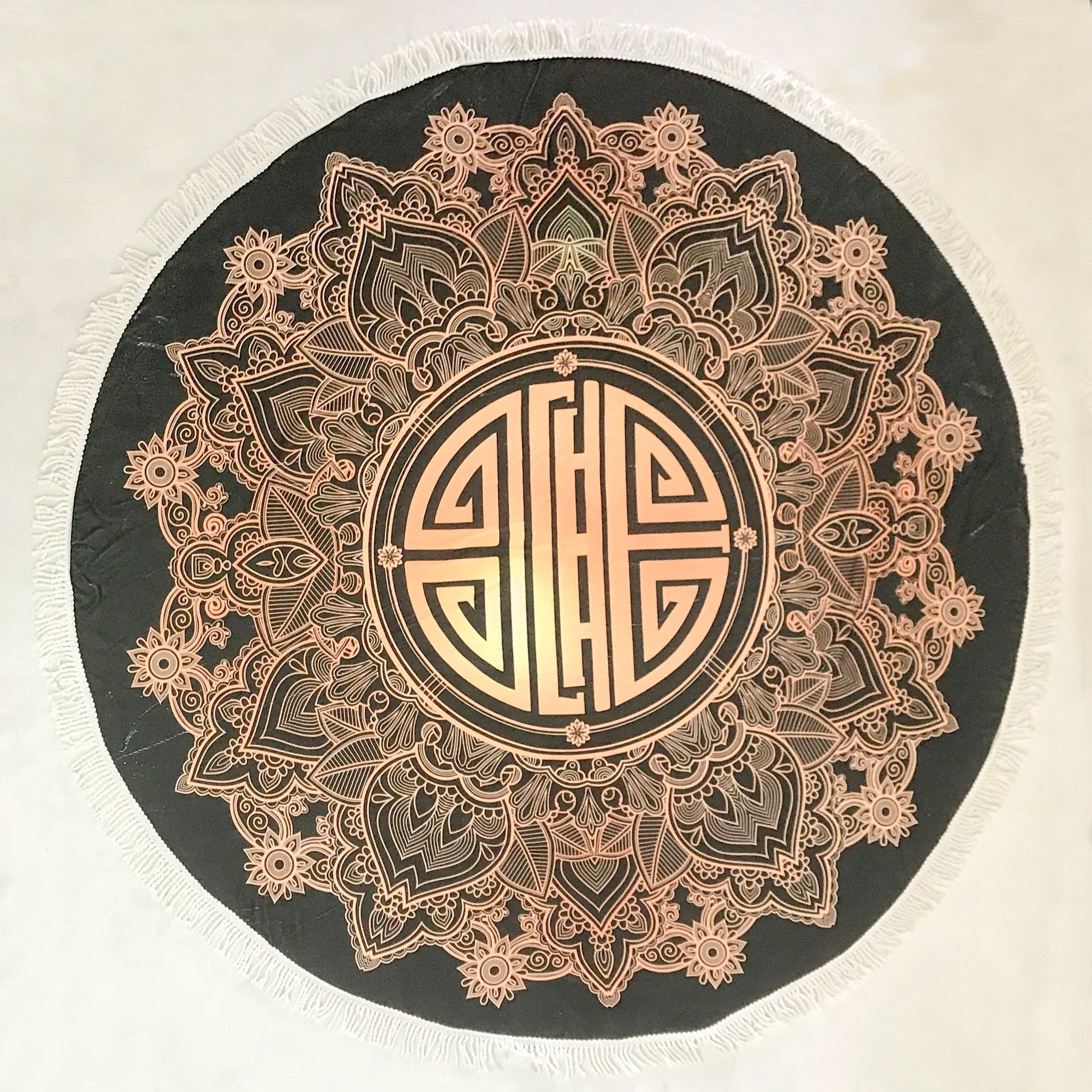 Black Gold Asian Medallion Round Towel With Fringes
