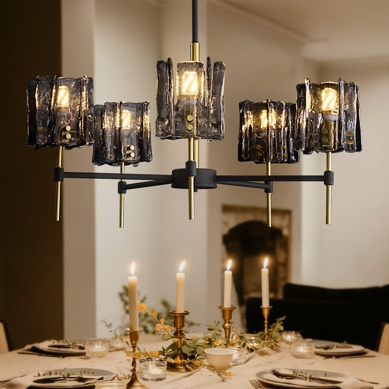 Black Gold Chandelier Modern 5 Light Pendant Light With Ribbed Glass Globes Wagon Wheel Chandelier For Kitchen Island