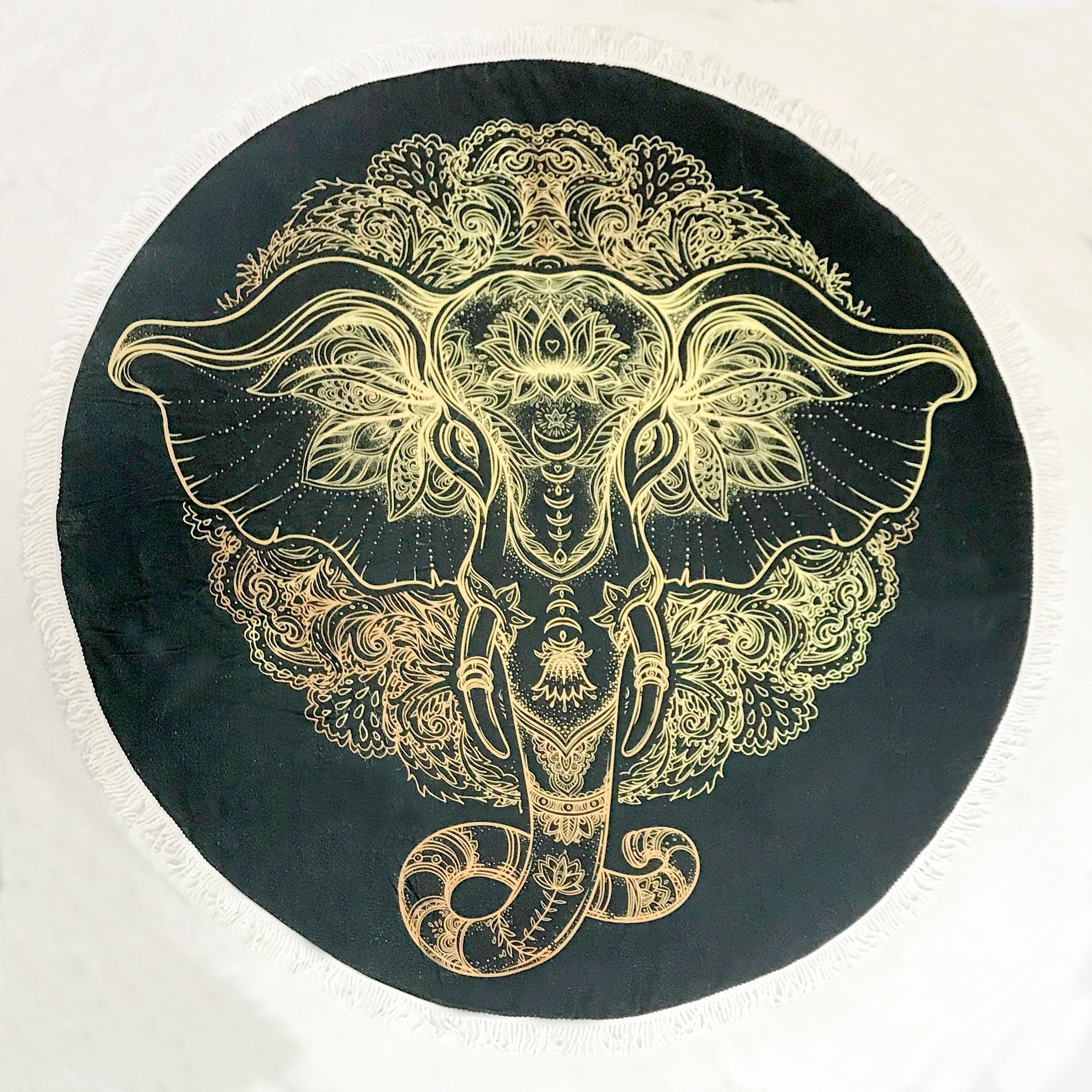 Black Gold Elephant Head Round Towel With Fringes