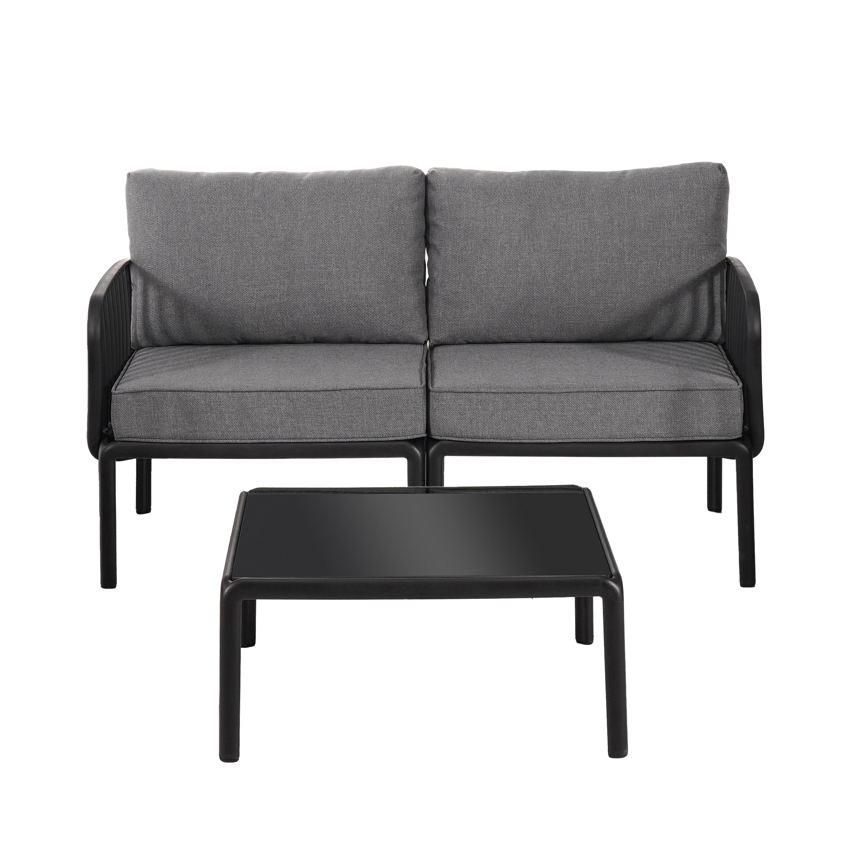 Black Gray Patio Conversation Set With Square Coffee Table Outdoor Chat Set With Upholstered Loveseat
