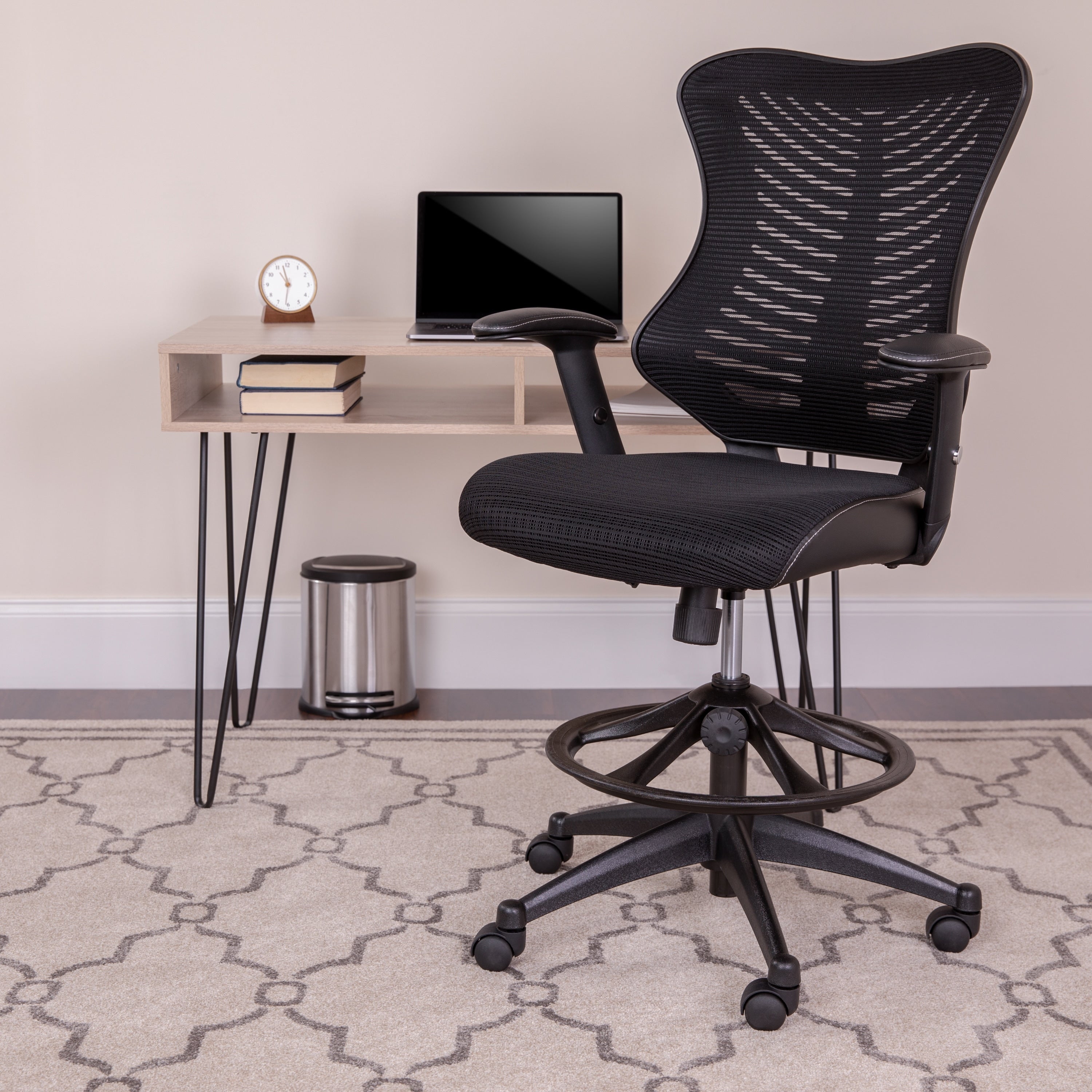 Lancaster Home High Back Designer Mesh Drafting Chair With Leather Sides And Adjustable Arms