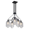 Black Industrial 5 Light Chandelier Clear Glass Bell Shades Rustic Dia.31.5 In