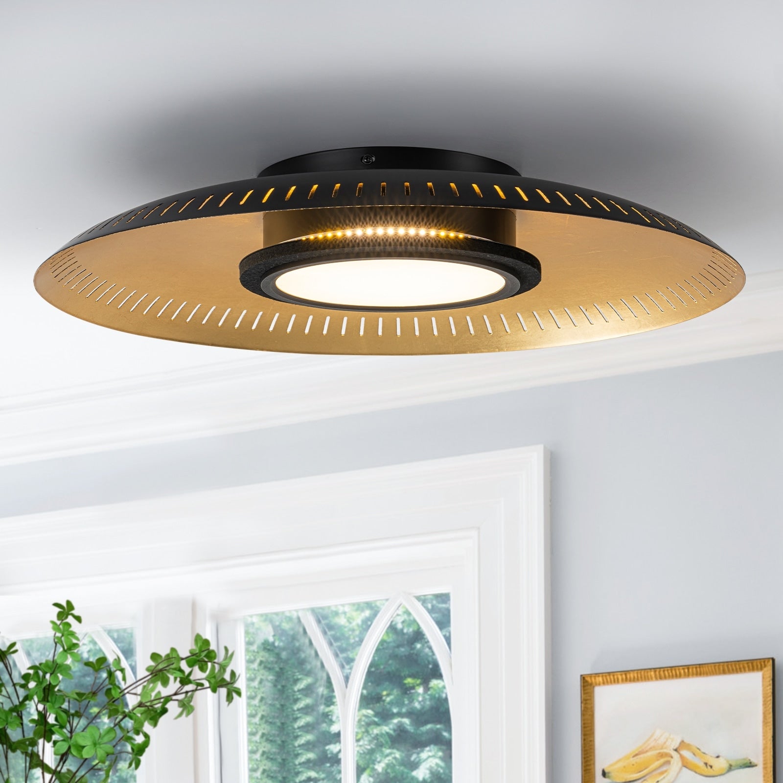 Black Iron Led Flush Mount Ceiling Light With Gold Foil Interior Dia.22.83 In