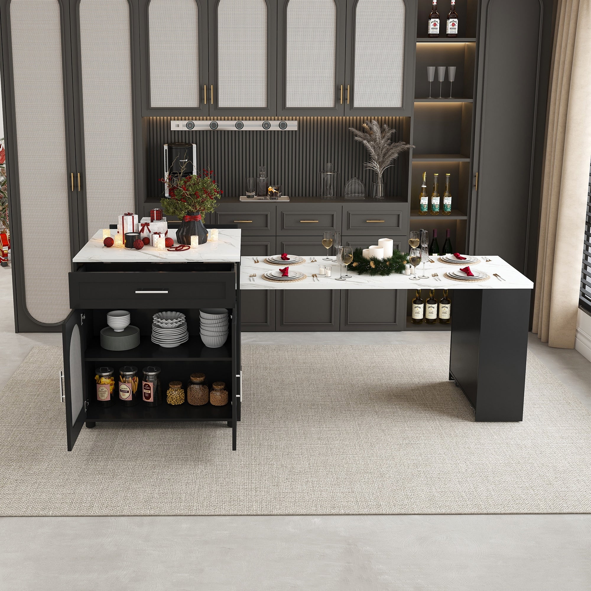 Black Kitchen Island With 80 Expandable Table Casters Multi Functional Rolling Kitchen Cart With Dining Table