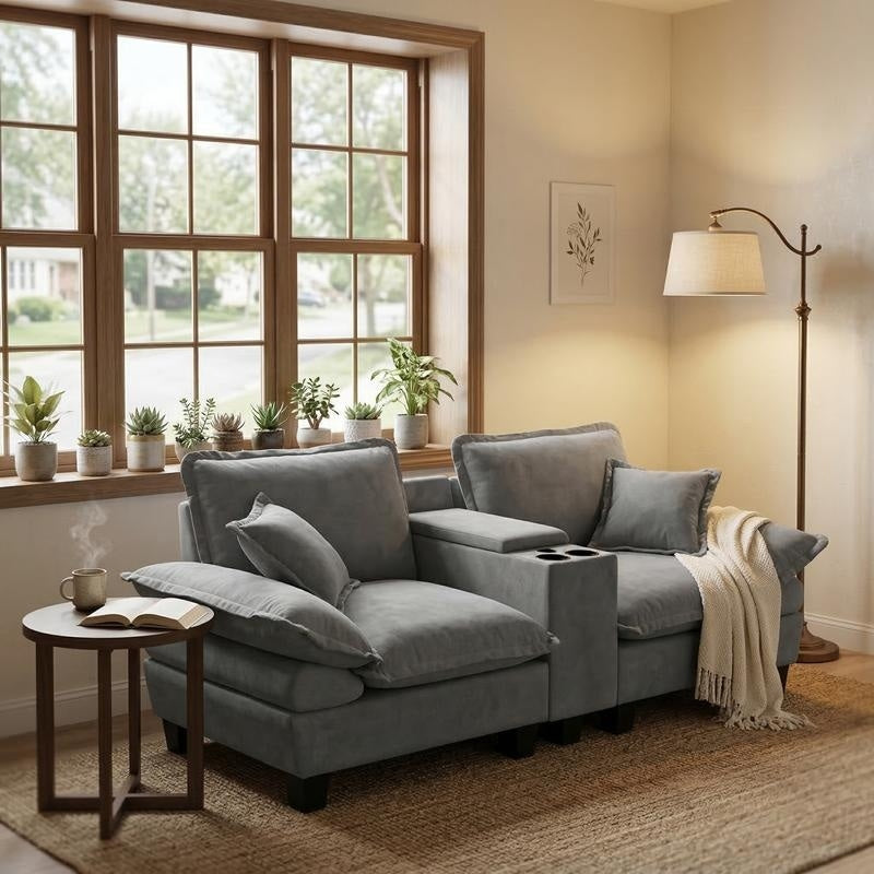L Shape Modular Cloud Sofa With Cup Holders Usb Port And 2 Pillows Chenille For Living Room
