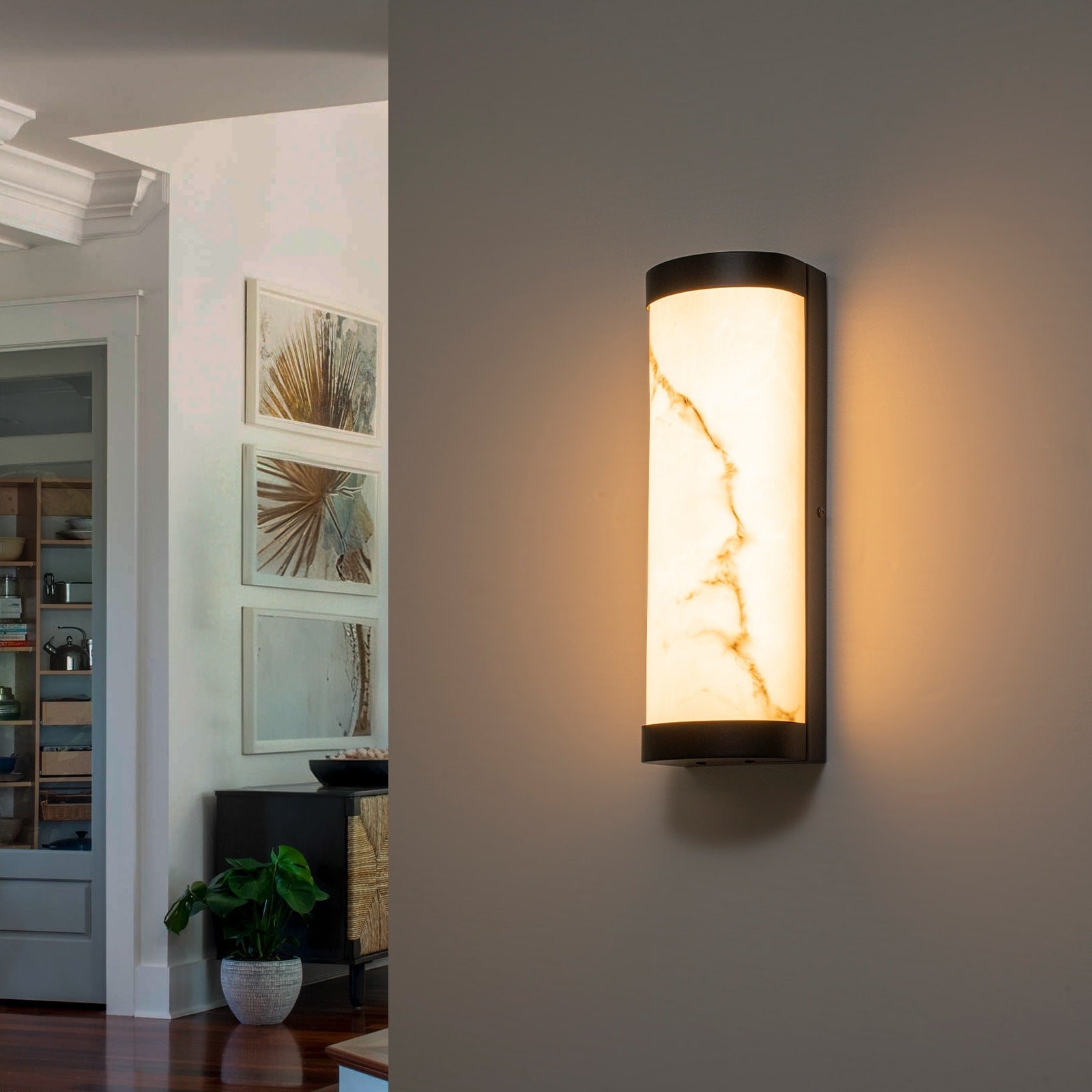 Black Led Wall Sconce Semi Cylinder White Faux Alabaster Resin Shade