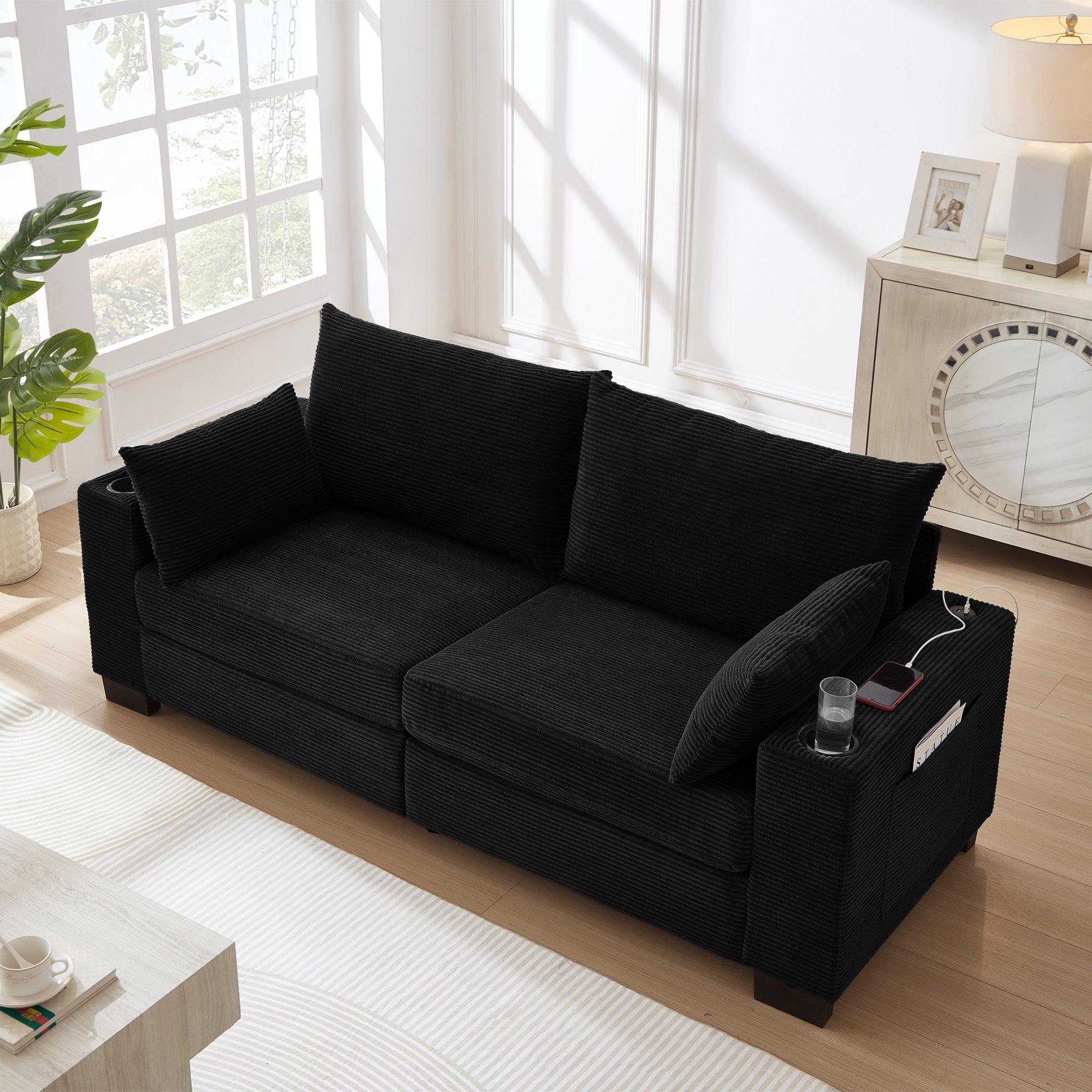 Black Loveseat Sofa Couch Floor Sofa Bed Lounge Sleeper Bed Accent Couch Settee With Cup Holders And Pockets