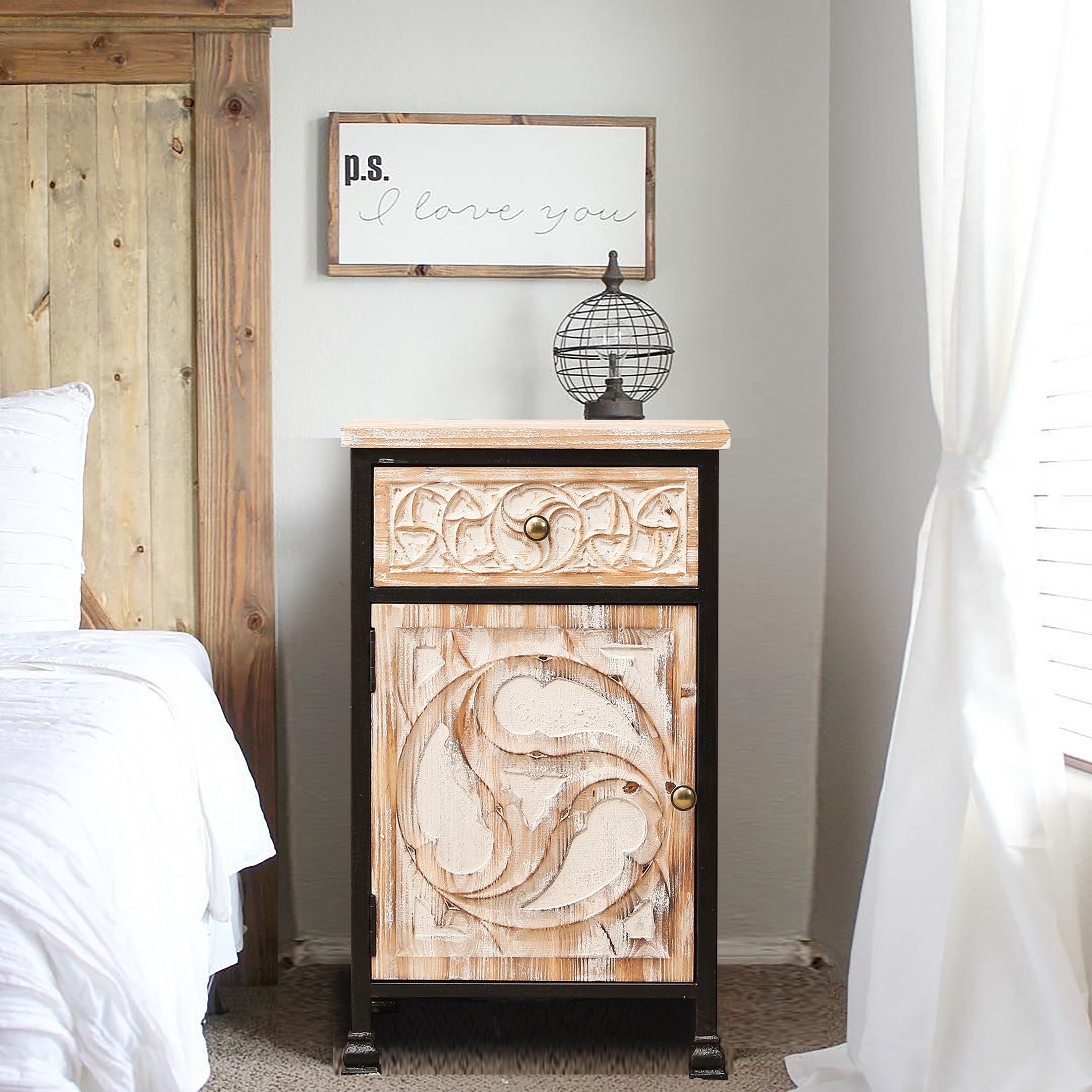 Metal And Carved Wood 1 Door Accent Table