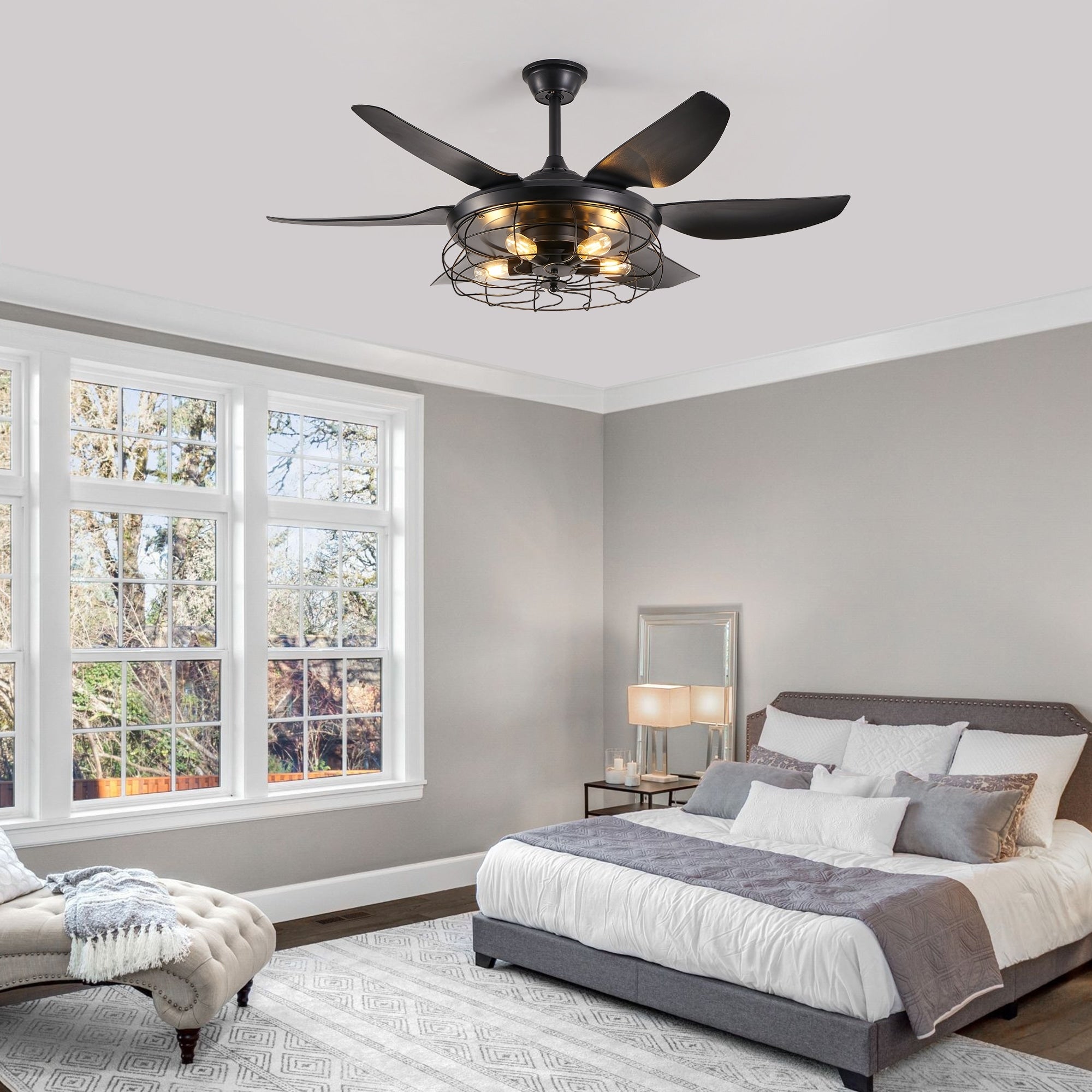 Black Modern Ceiling Fan With Remote Control Adjustable Speed