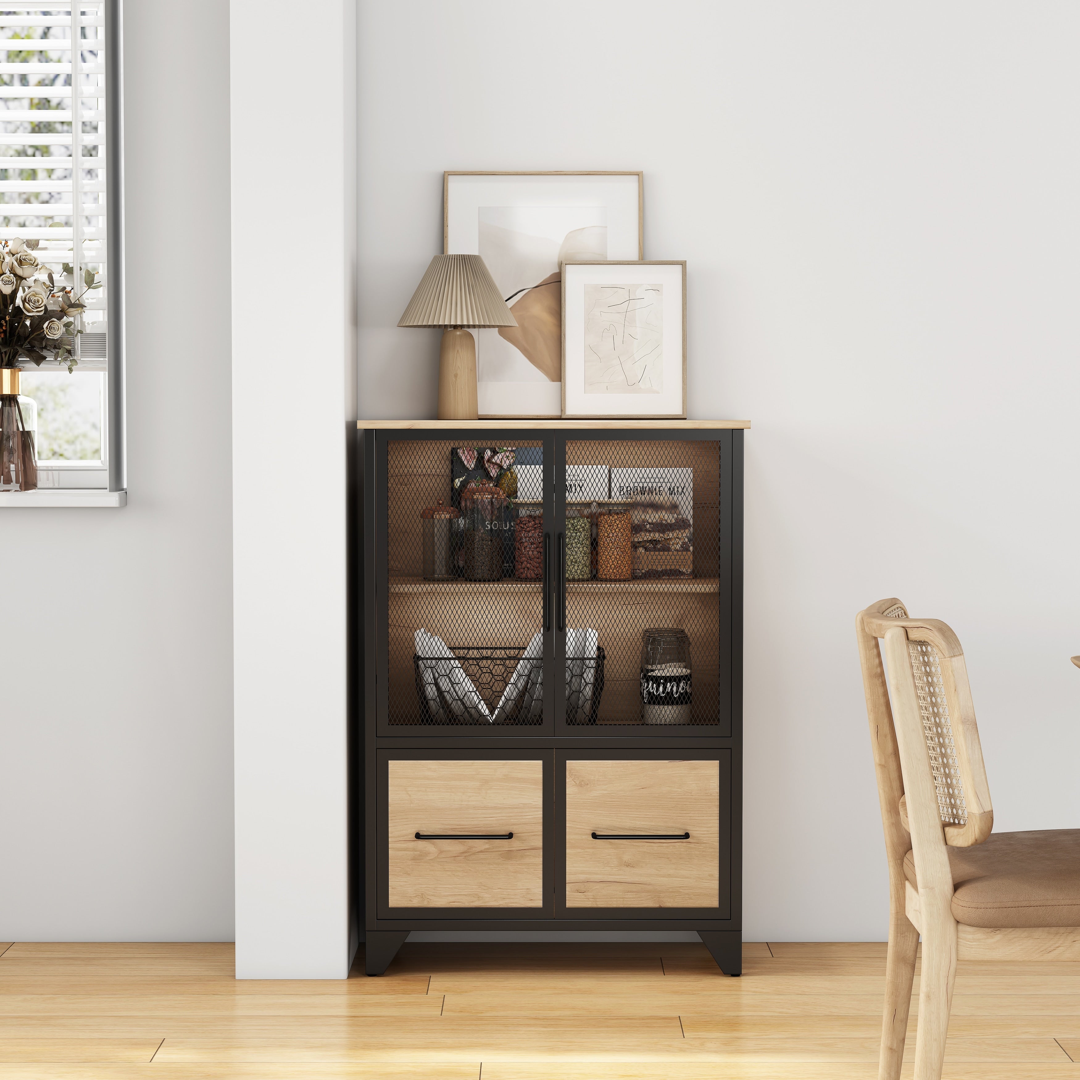 Black Natural Storage Cabinet Display Cabinet With Metal Handle Cupboard Hallway Cabinet Entryway Cabinet