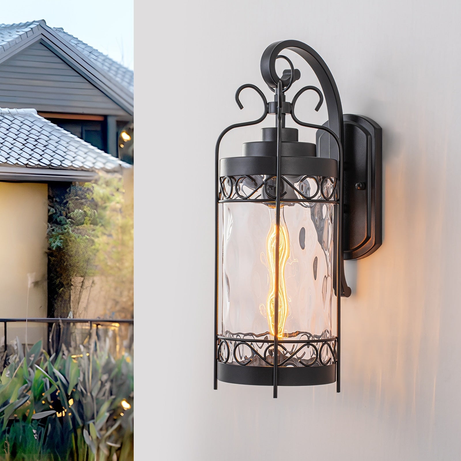 Black Outdoor Wall Lantern With Water Glass Waterproof Sconce Light