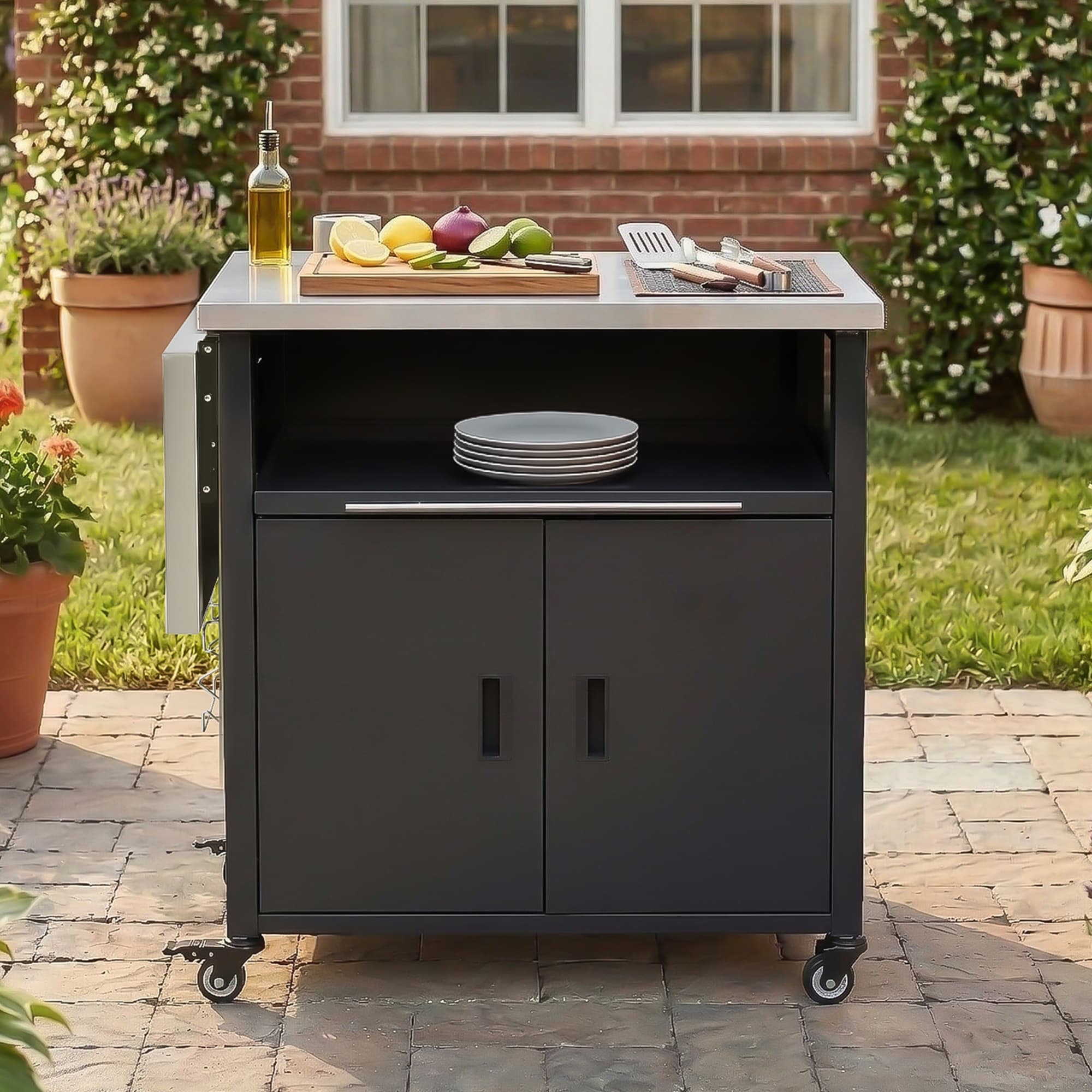 Black Patio Dining Cart Foldable Outdoor Kitchen Island Grill Cart With Trash Rack For Backyard Patio