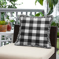 Black Plaid Indoor Outdoor Square Pillow With Fringe Black White Fringe