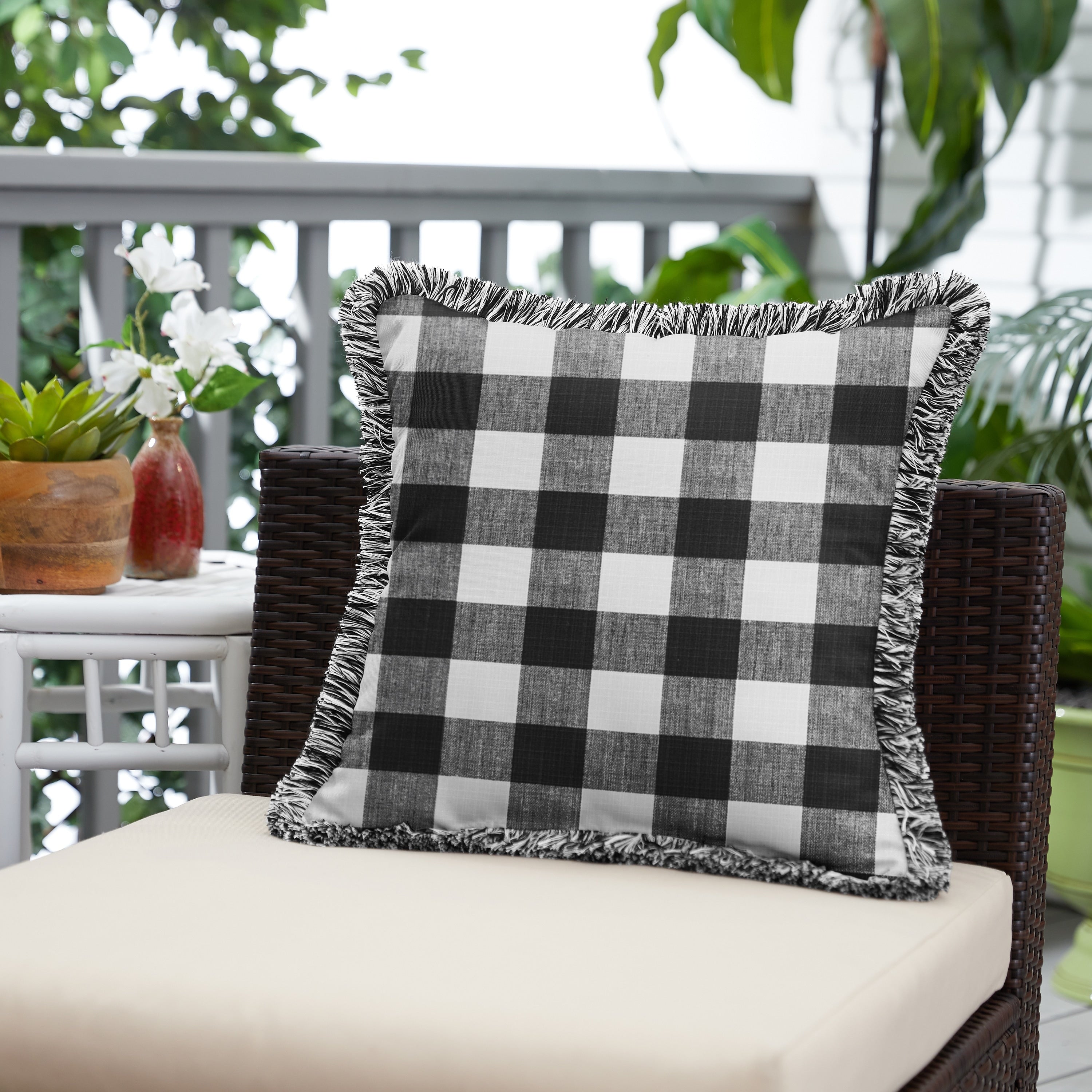 Black Plaid Indoor Outdoor Square Pillow With Fringe Black White Fringe