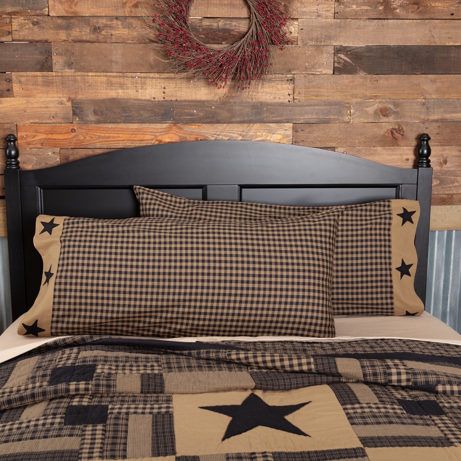 Vhc Raven Black Primitive Bedding Check Star Pillow Case Set Of 2