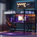Black Queen Metal Loft Bed With Led Lights Charging Station Safety Guardrail And Ladder