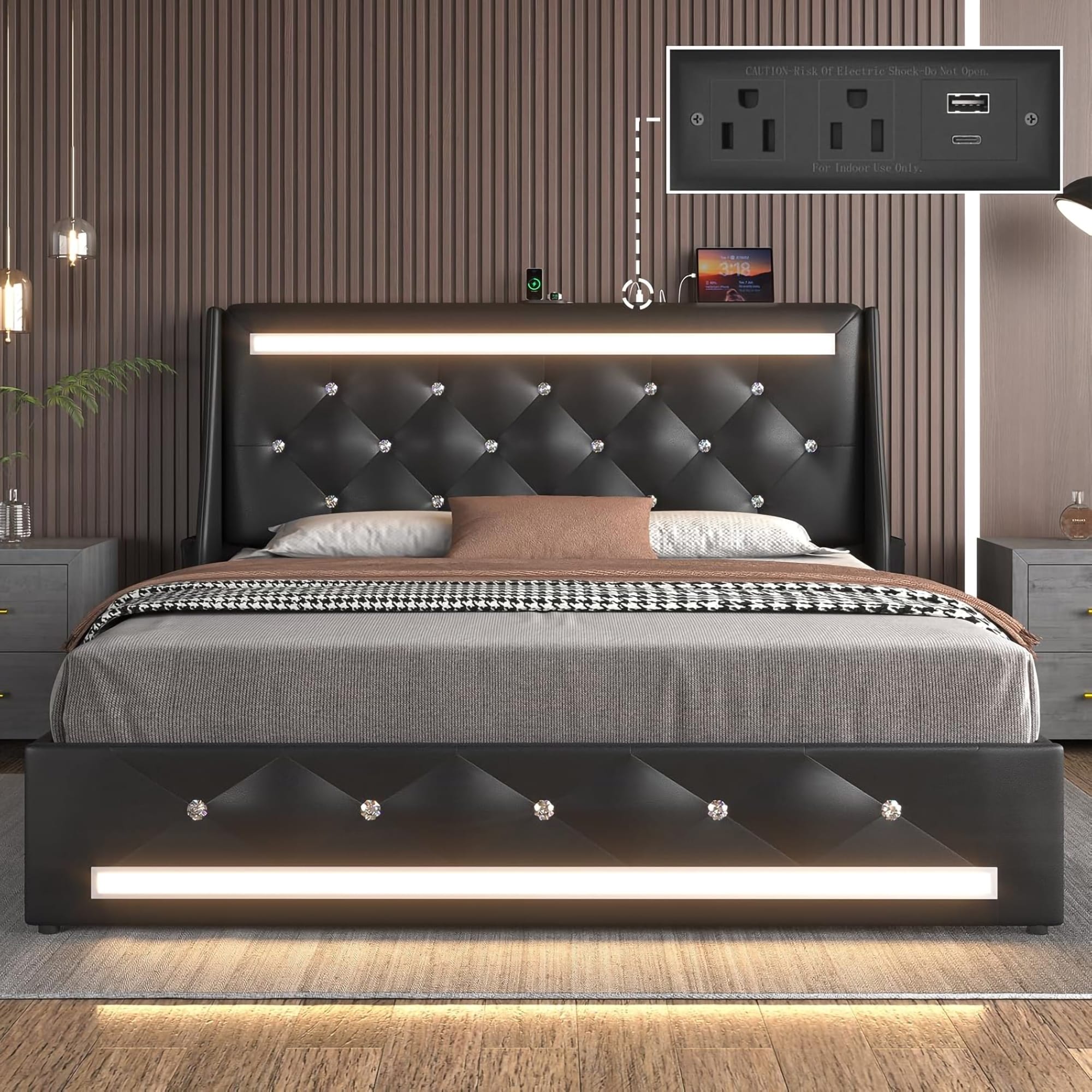 Black Queen Size Bed Frame With Led Lights Upholstered Headboard