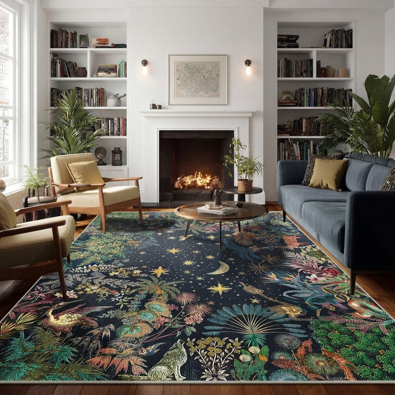 Black Starry Night Jungle Botanical Animal Area Rug