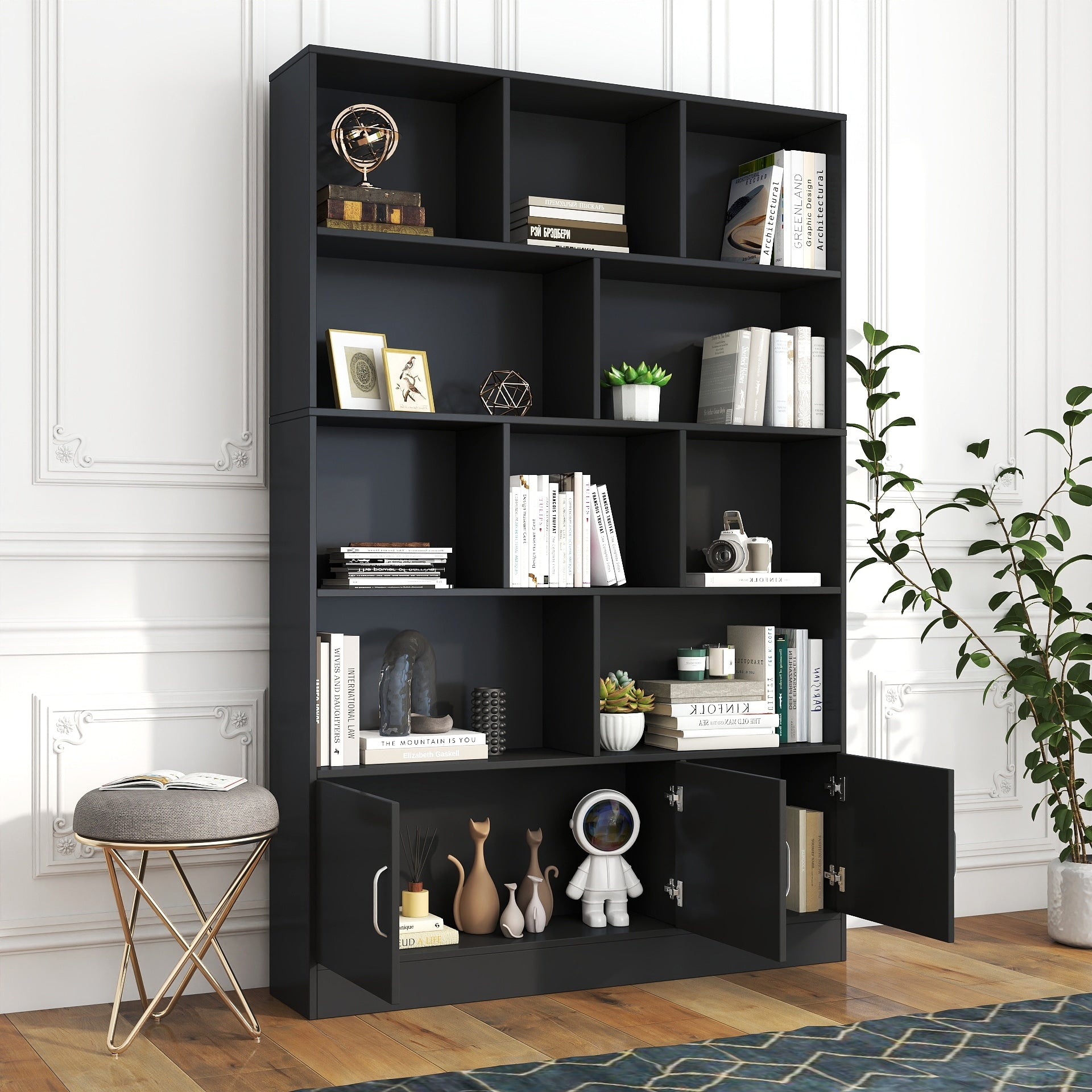 Black Tall Bookcase Side Cabinet With 3 Doors Modern Display Cabinet File Cabinet Accent Cabinet Storage Organizer