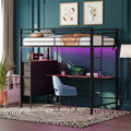 Black Twin Metal Loft Bed With Desk And Drawers Led Light Charging Station