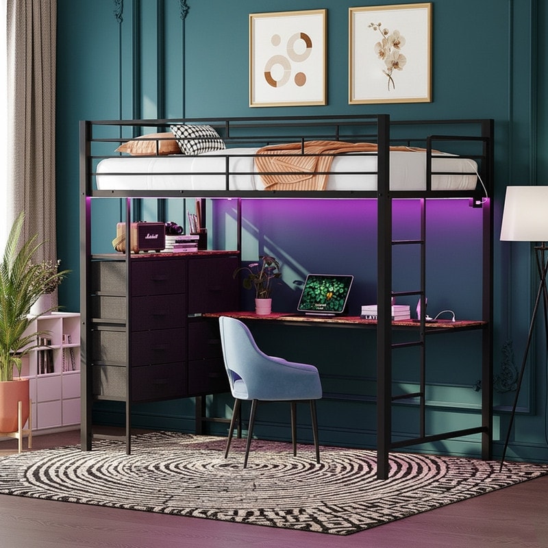 Black Twin Metal Loft Bed With Desk And Drawers Led Light Charging Station