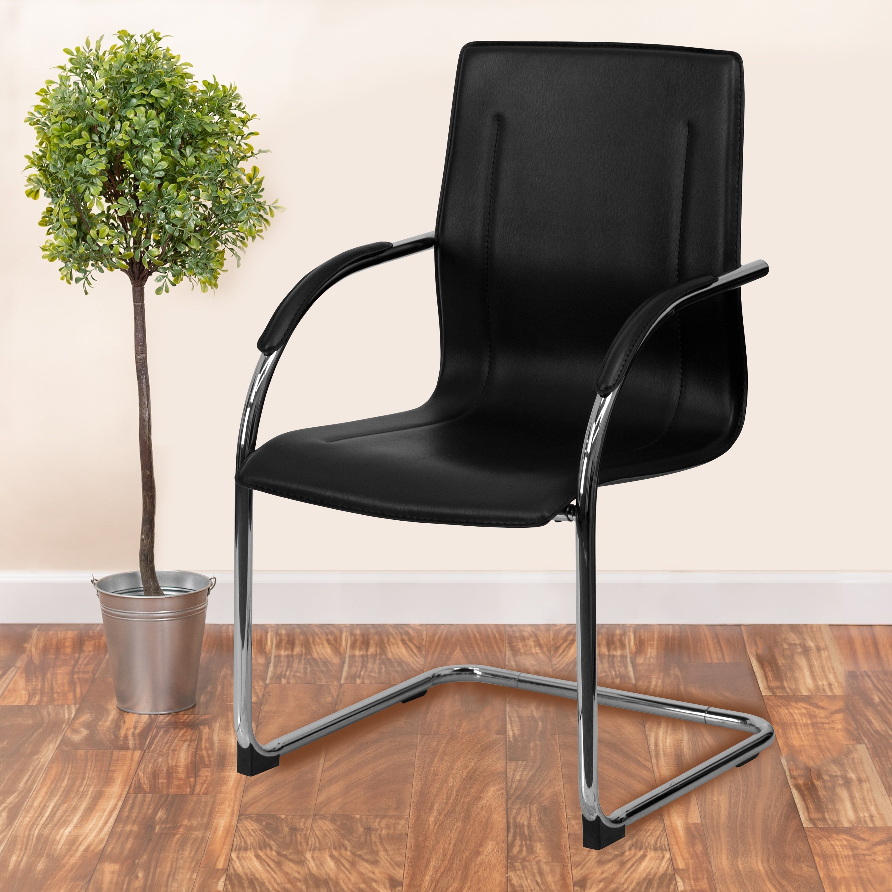 Black Vinyl Side Chair With Chrome Sled Base