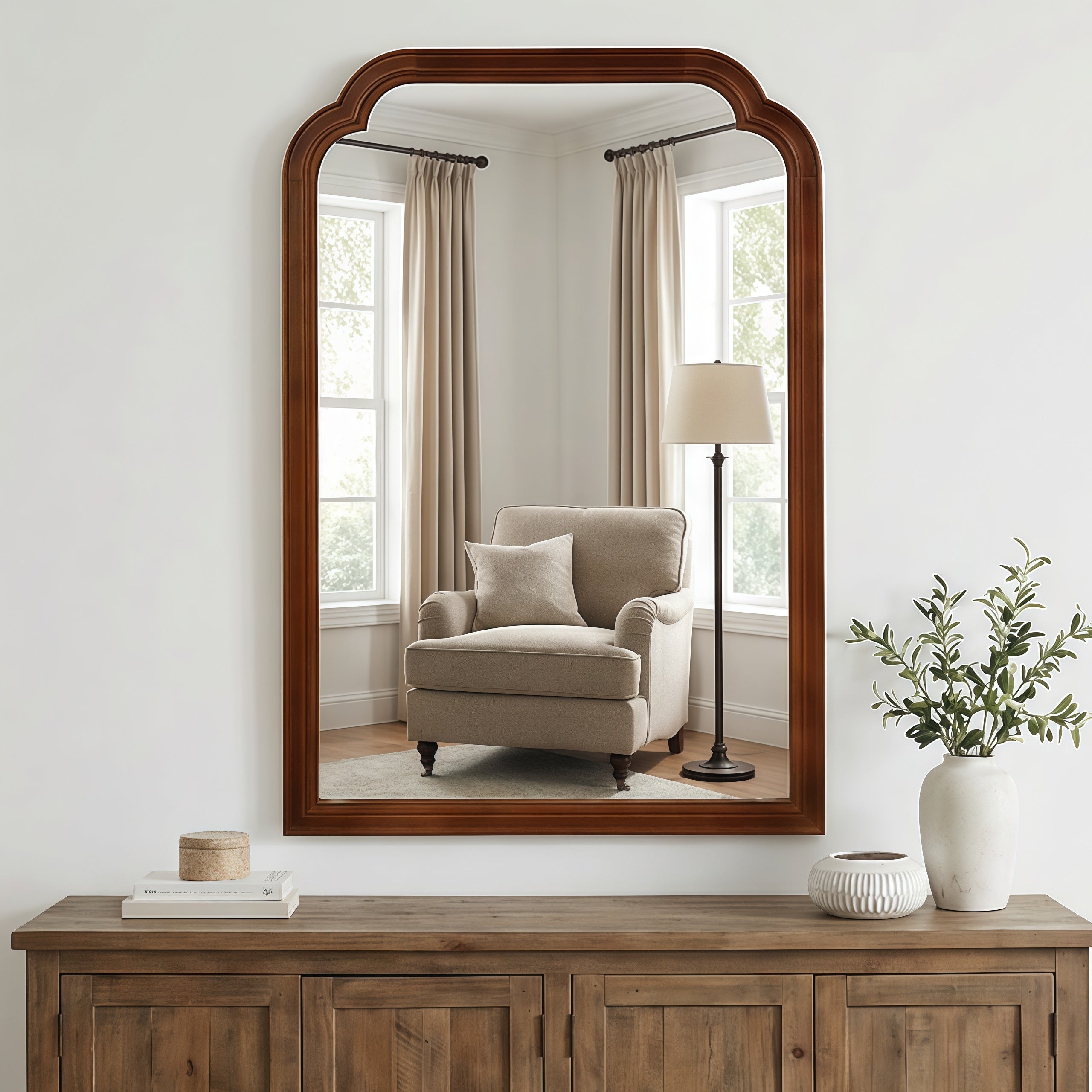 Black Walnut Color 24 X 36 Solid Wood Frame Rounded Corner Decorative Mirror For Bedroom Bathroom Living Room Entryway