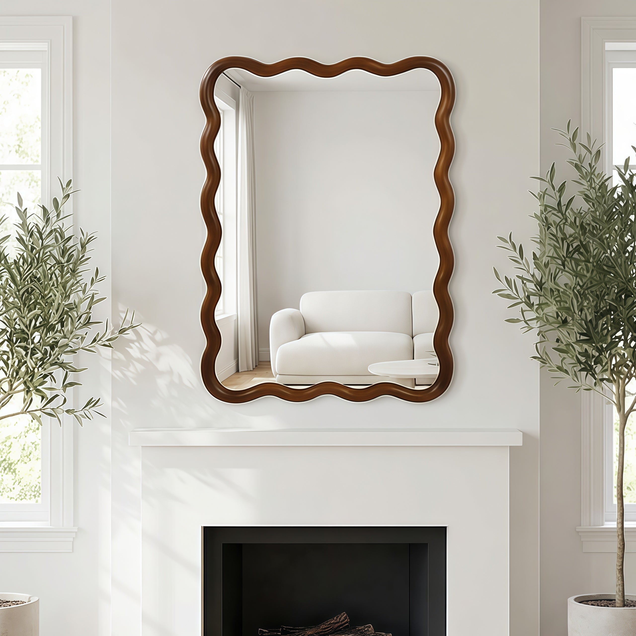 Black Walnut Color 30 X40 Wavy Rectangle Solid Wood Frame Decorative Mirror For Bedroom Bathroom Living Room Entryway