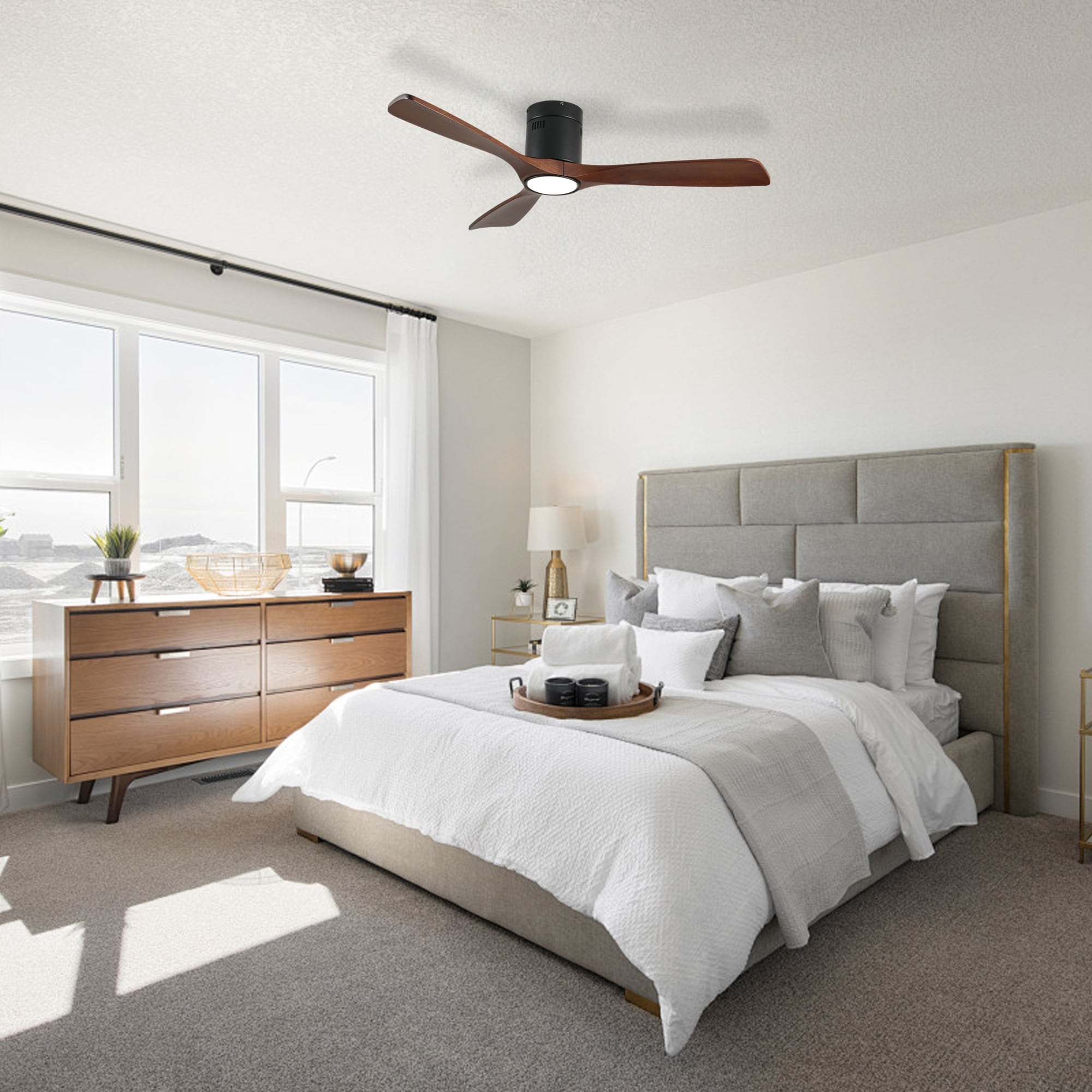 Black Walnut Remote Control Flush Mount Ceiling Fan With Light