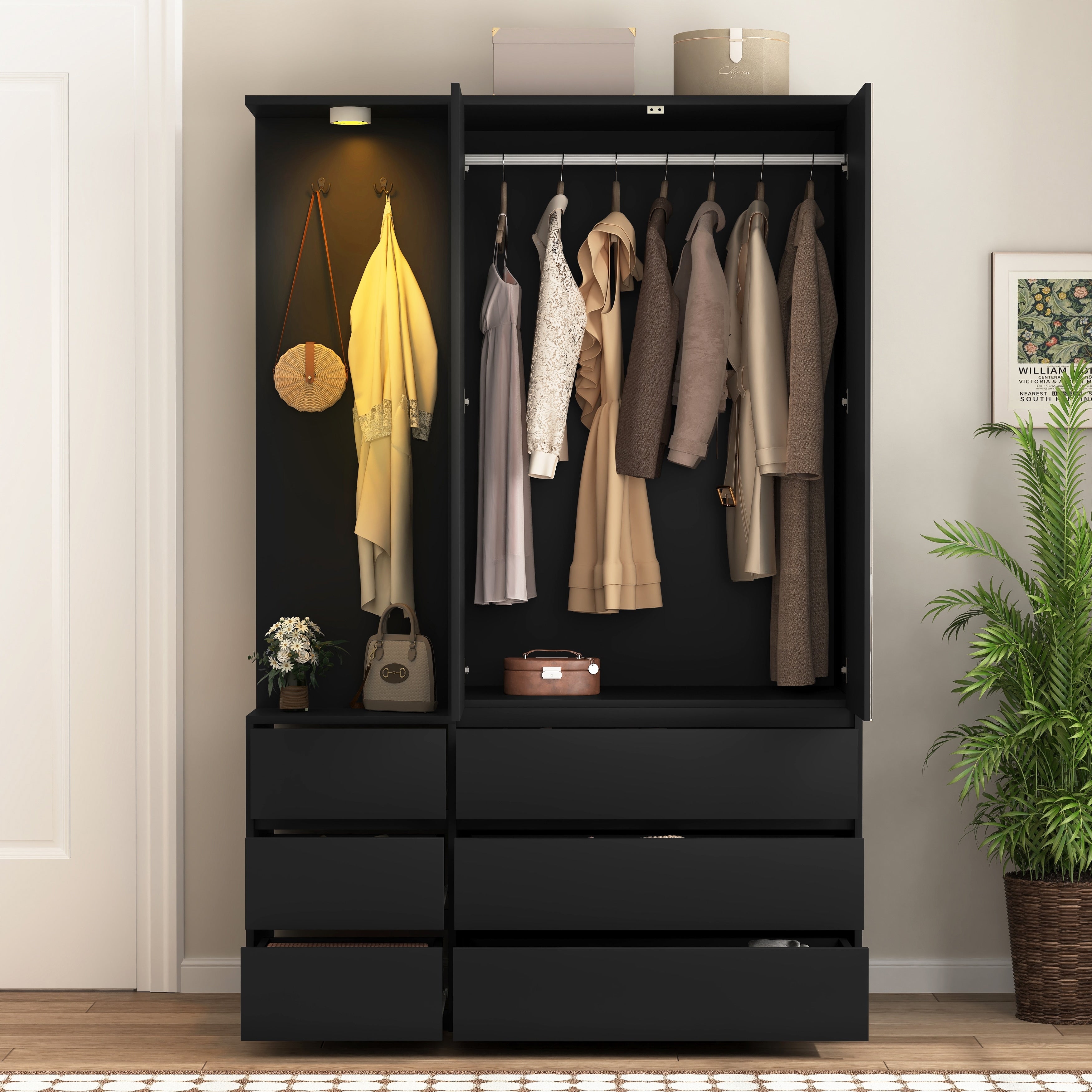 Black Wardrobe Armoire Closet With 2 Doors Clothing Storage Cabinet With 6 Drawers And Hanging Rail