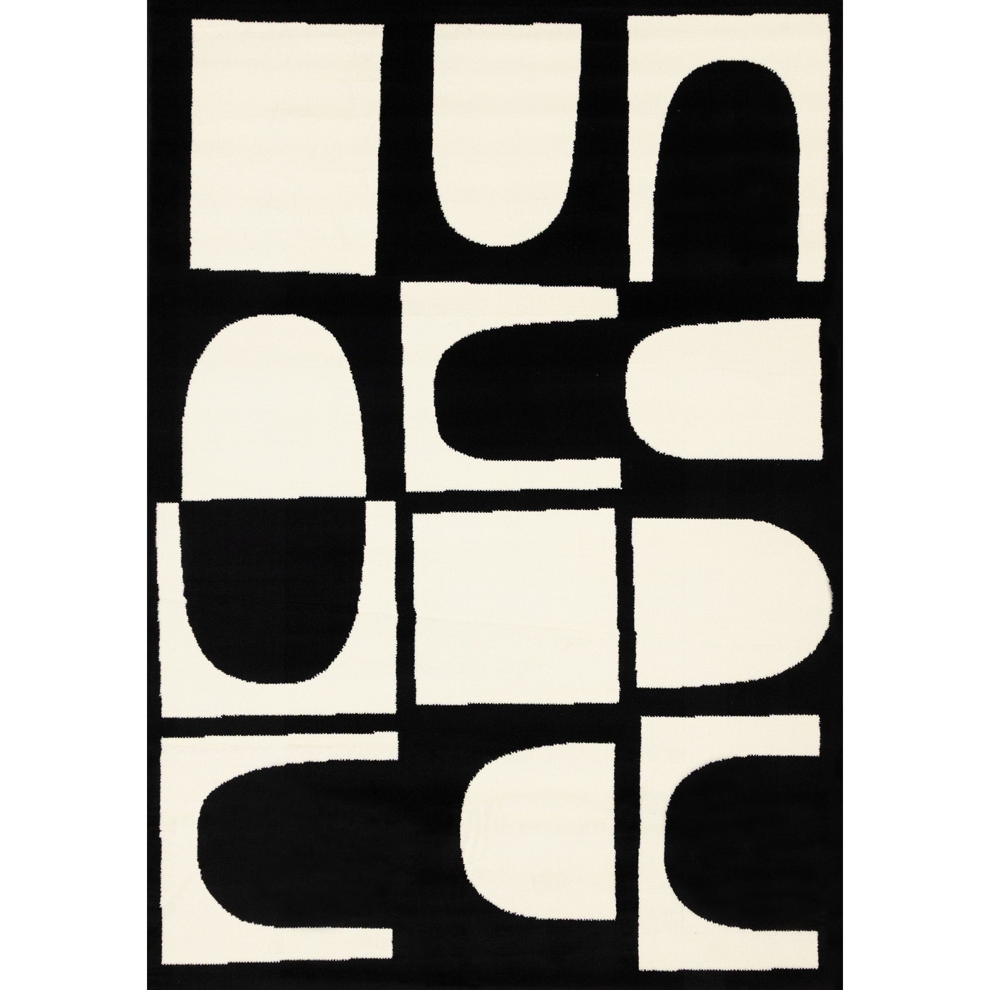 Black White Contrasting Geometric Blocks High Traffic Rug