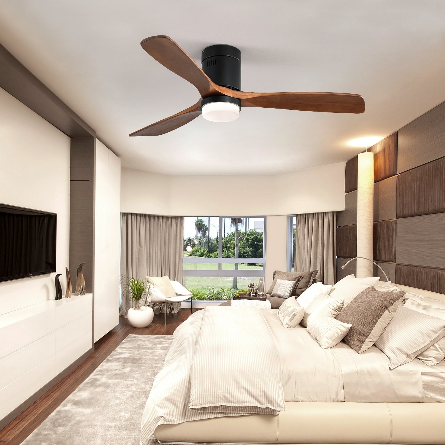 Black Wood Flush Mount Ceiling Fan With Reversible Motor