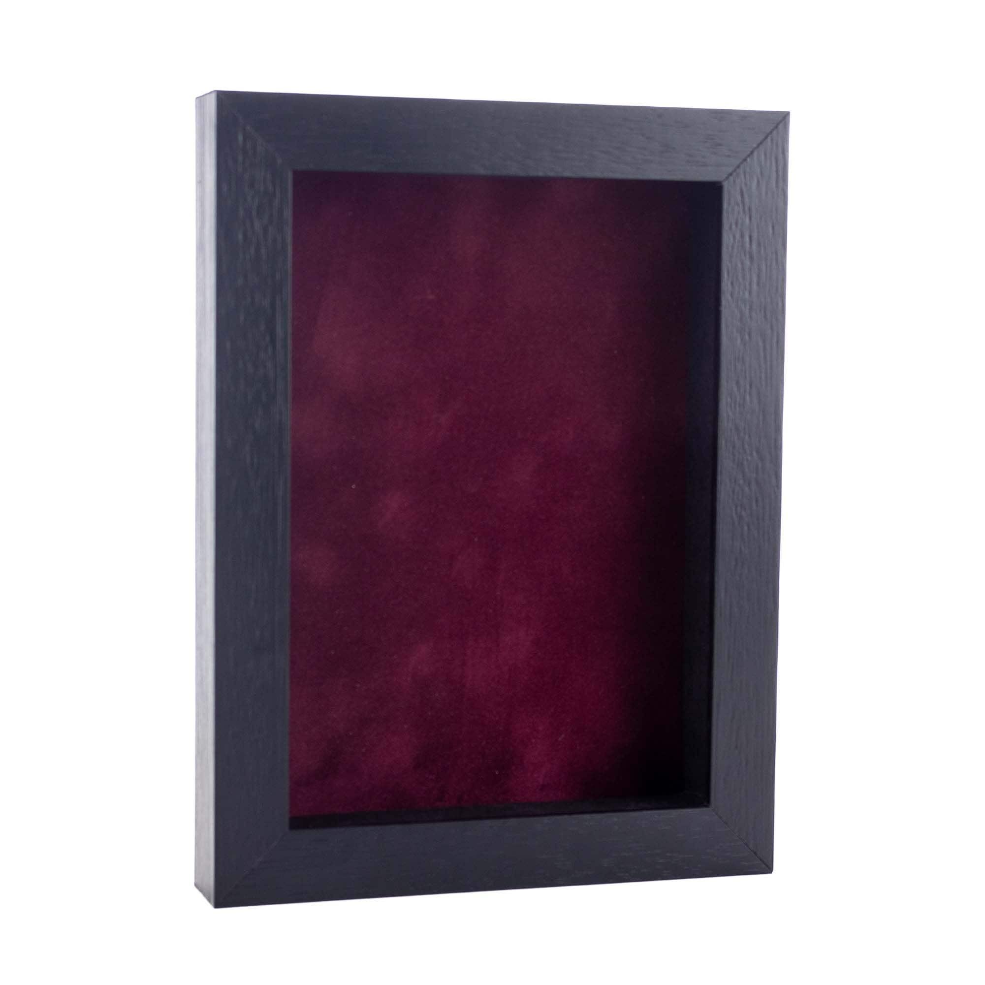 Black Wood Grain Shadow Box Frame With Acrylic Front Dark Red Suede Backing 30 Sizes