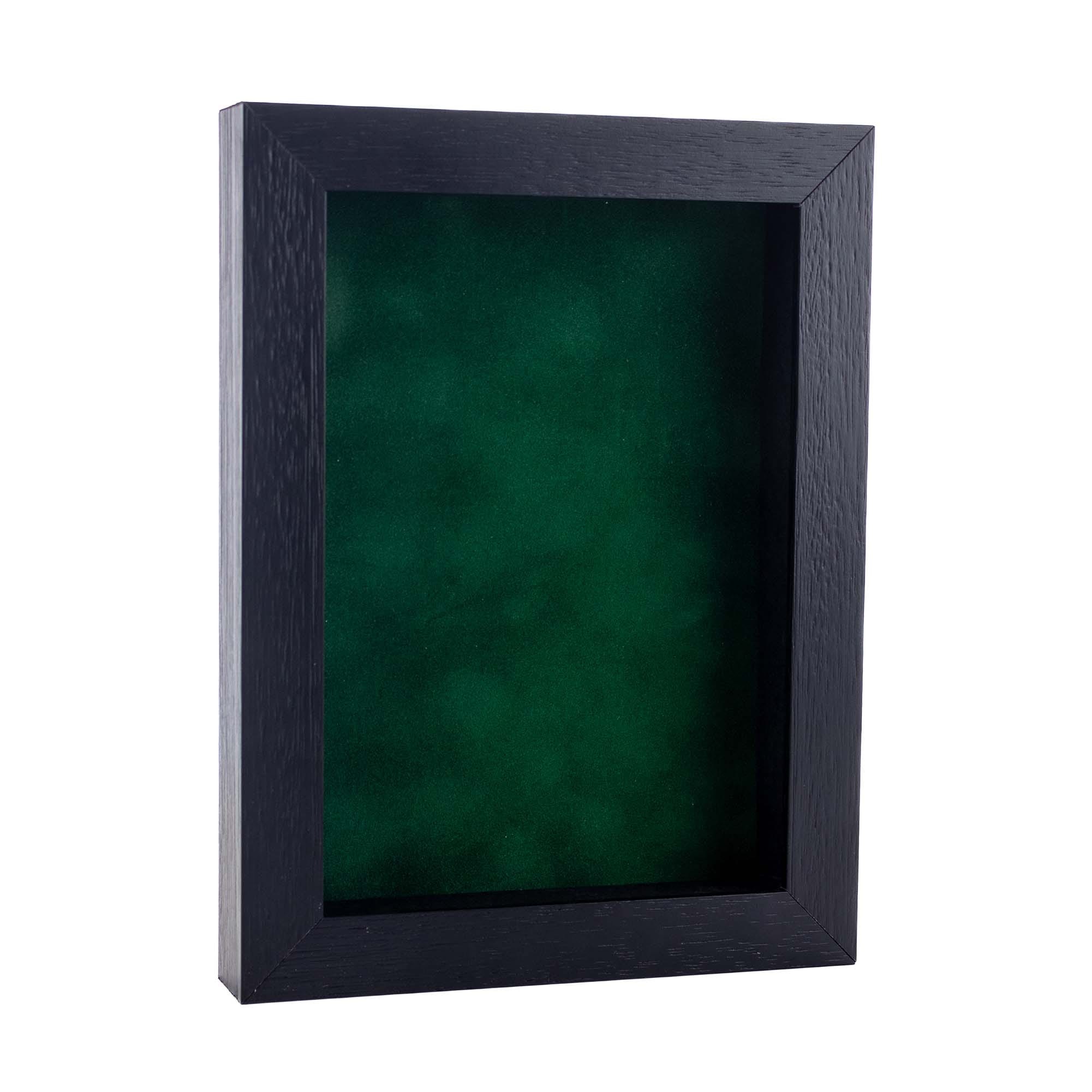 Black Wood Grain Shadow Box Frame With Acrylic Front Forest Green Suede Backing 30 Sizes