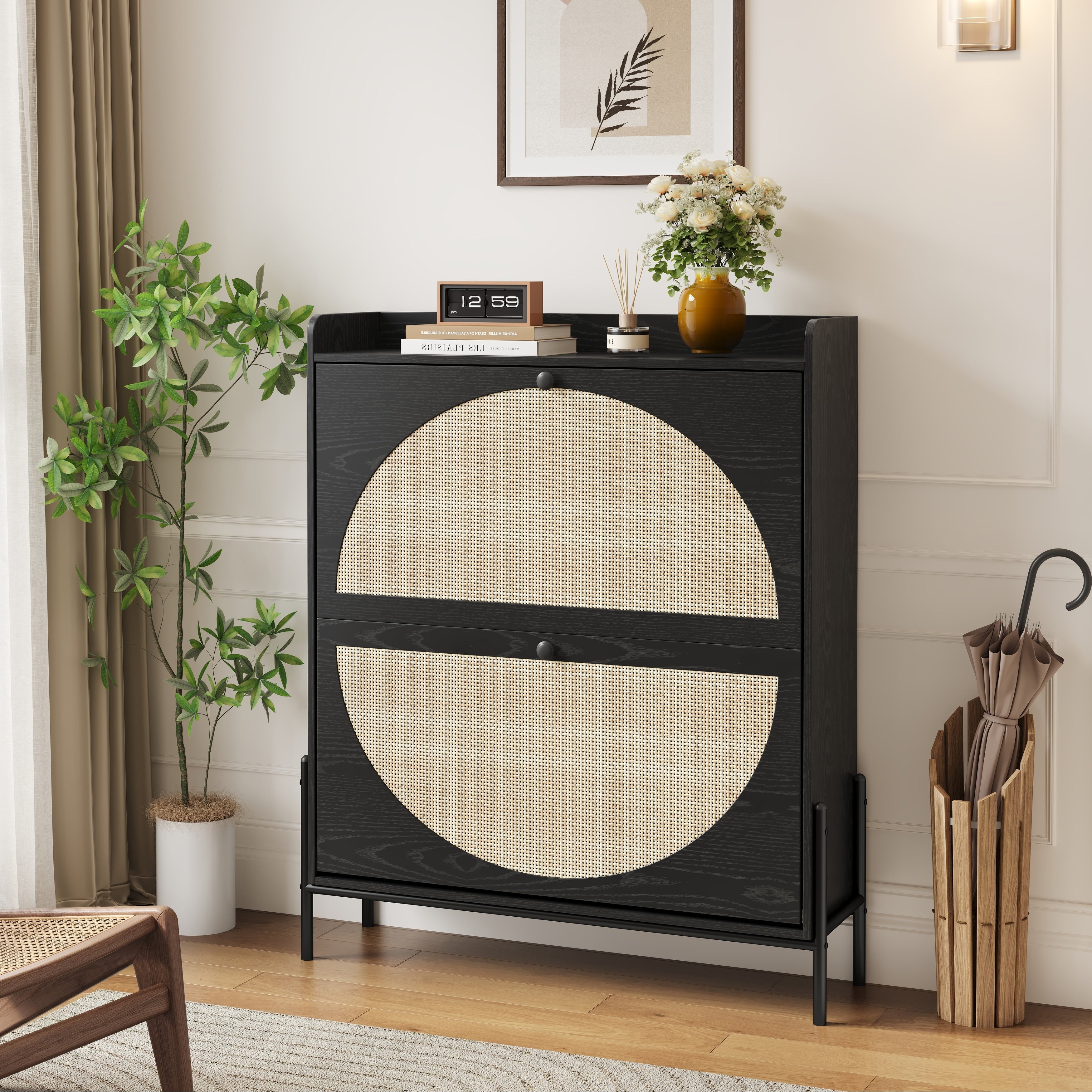 Black Wooden Shoe Cabinet Storage Organizer With Rattan Doors Entryway Cabinet Side Cabinet With 2 Drawers
