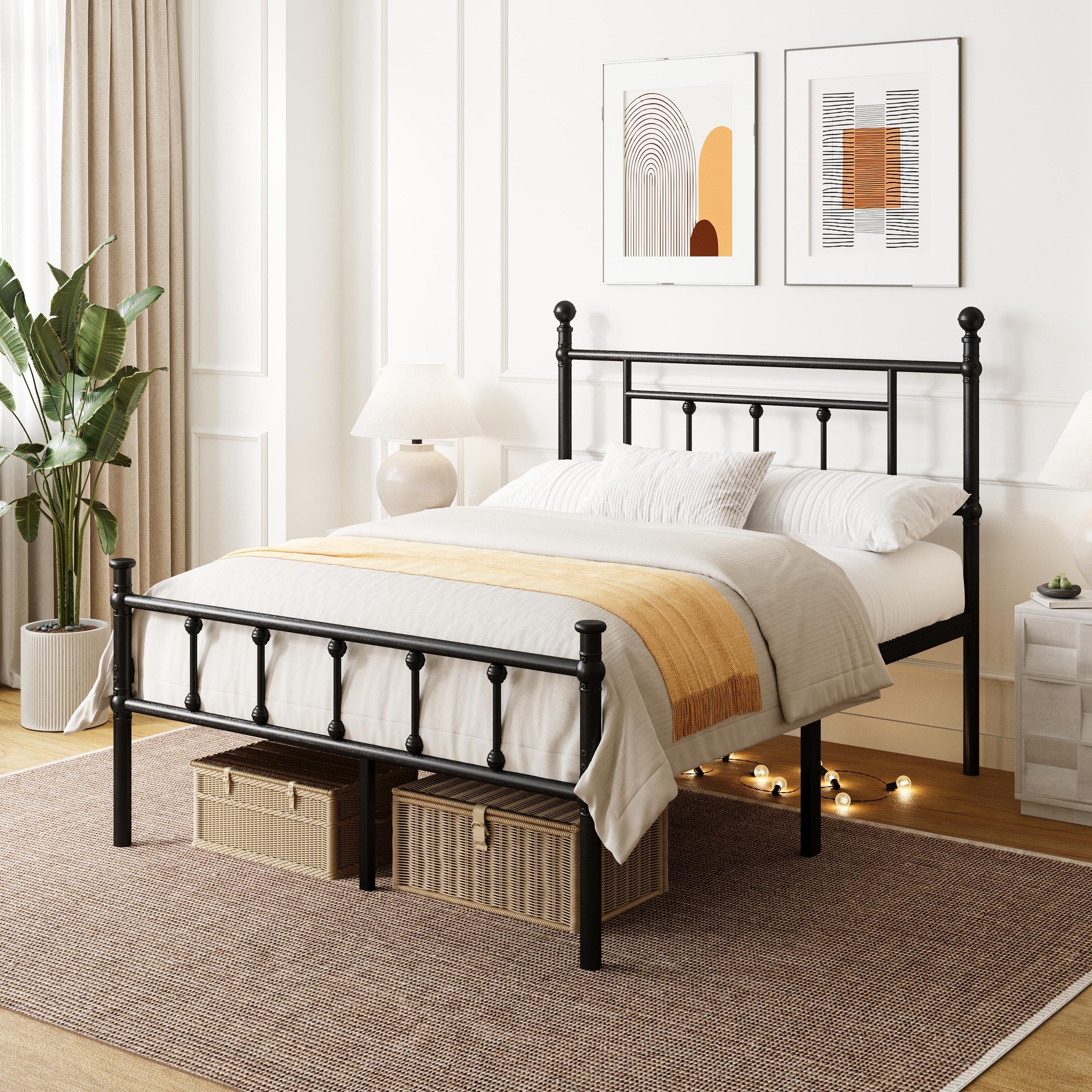 Black Metal Bed Frame With Headboard And Underbed Storage Easy Assembly