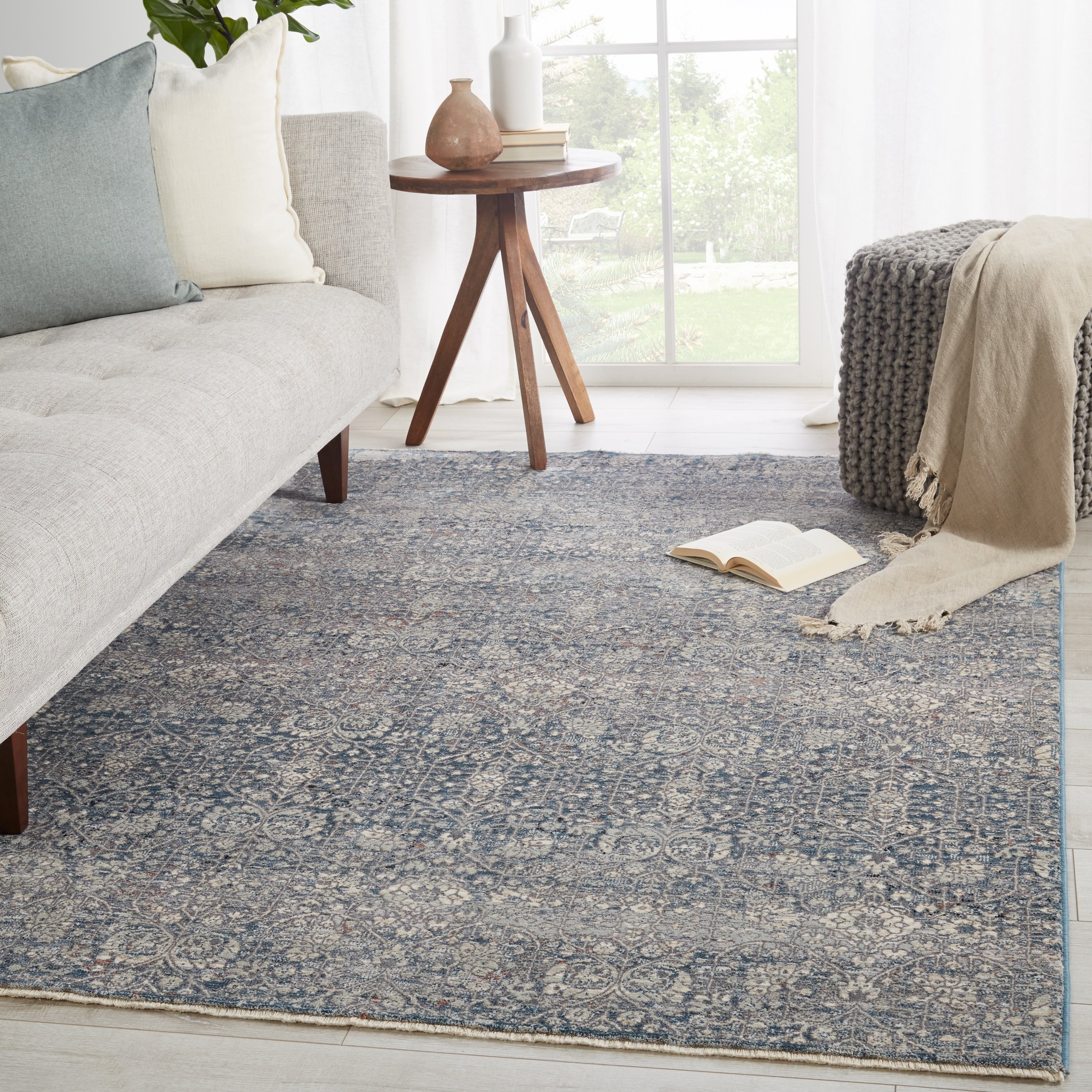 Blaise Damask Gray Blue Area Rug