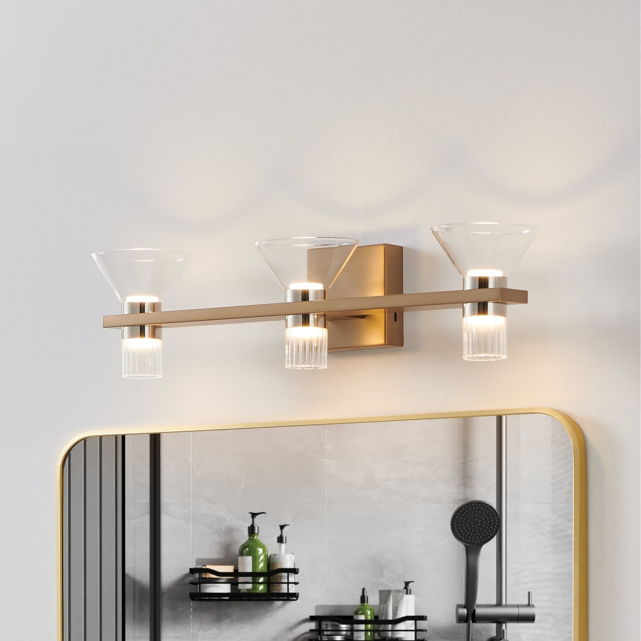 Blake 25 Inch 6 Light Champagne Gold And Polished Nickel 5Cct Led Vanity Light With Clear And Clear Ribbed Glass