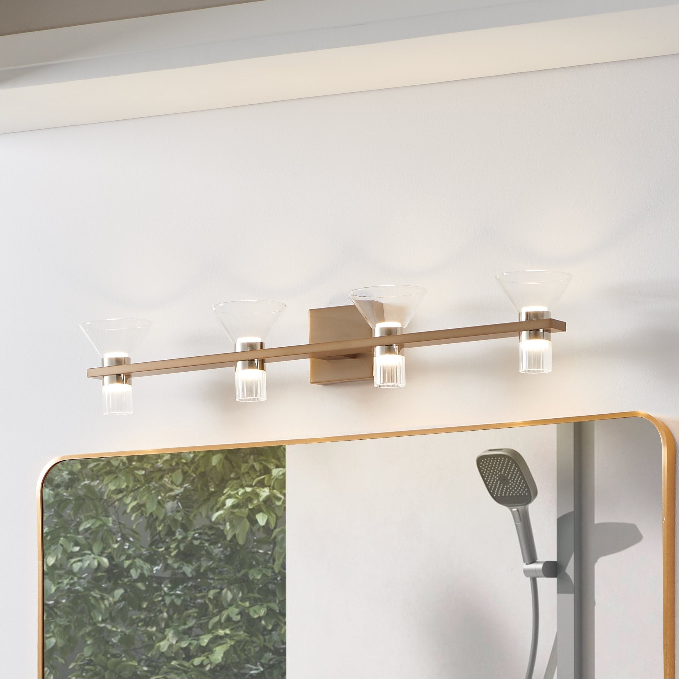 Blake 35 Inch 8 Light Champagne Gold And Polished Nickel 5Cct Led Vanity Light With Clear And Clear Ribbed Glass
