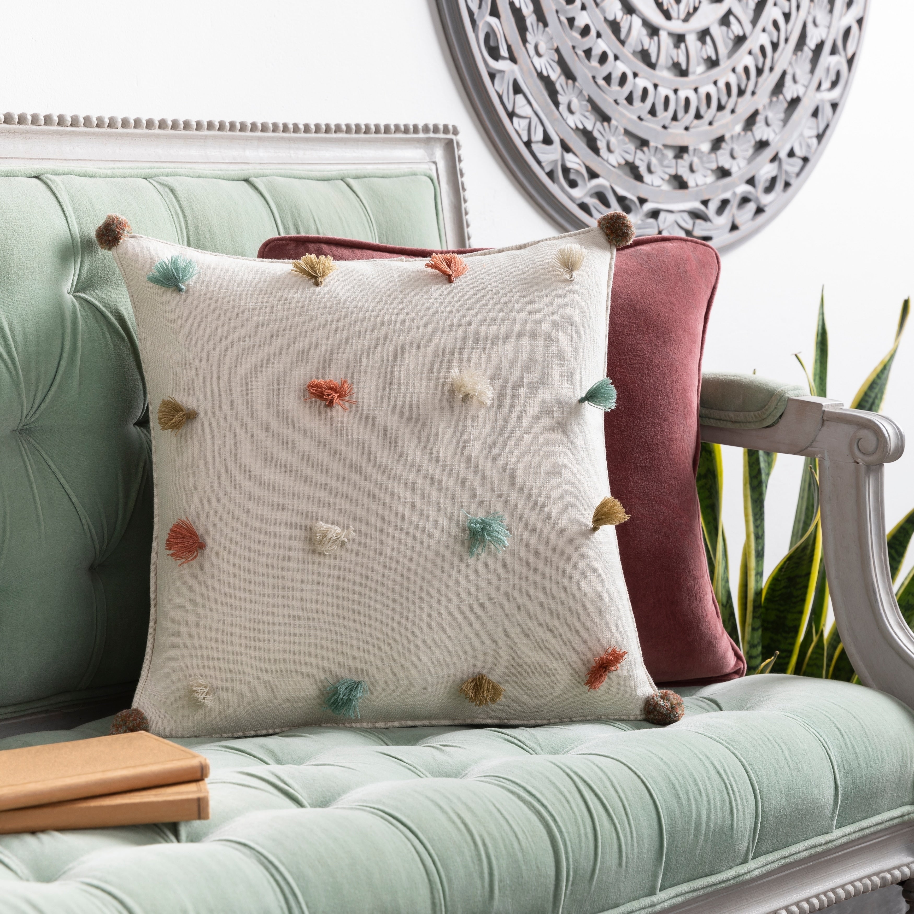 Blanche Tasseled Pom Pom Boho Throw Pillow