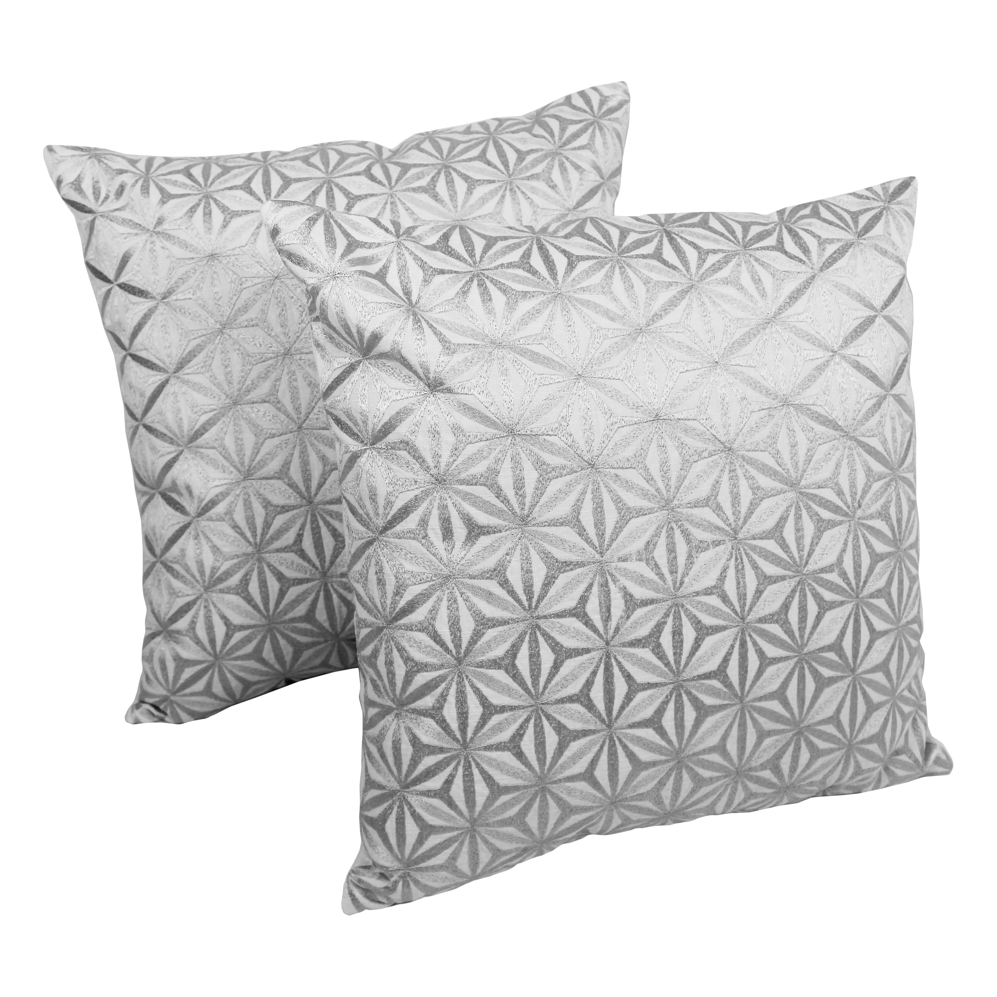 Blazing Needles 20 Inch Indian Diamond Mosaic Silver Ivory Embroidered Throw Pillows Set Of 2