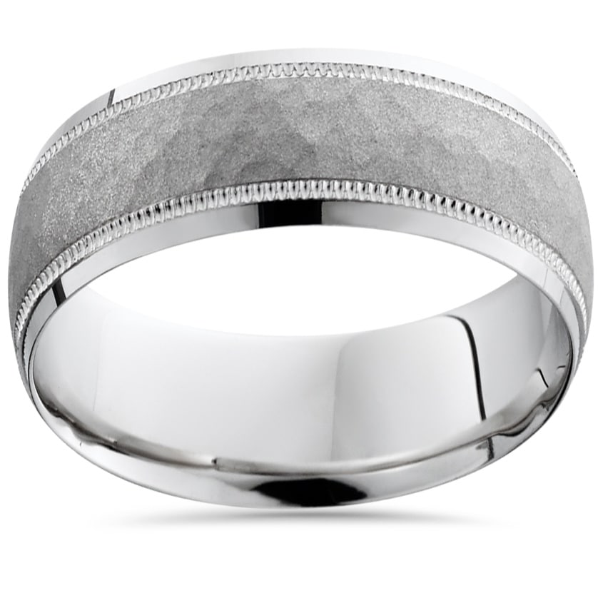 Bliss 10K White Gold Mens Brushed Hammered 8Mm Ring Wedding Band Comfort Fit