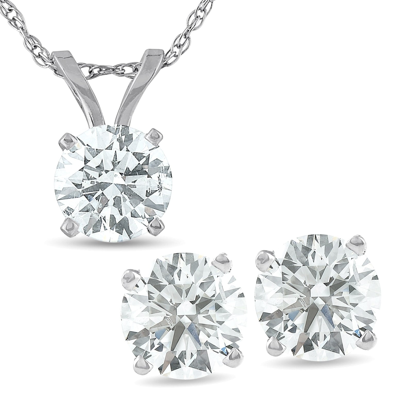 Bliss 14K White Gold 2 Ct Tdw Diamond Studs Solitaire Pendant Earring Set