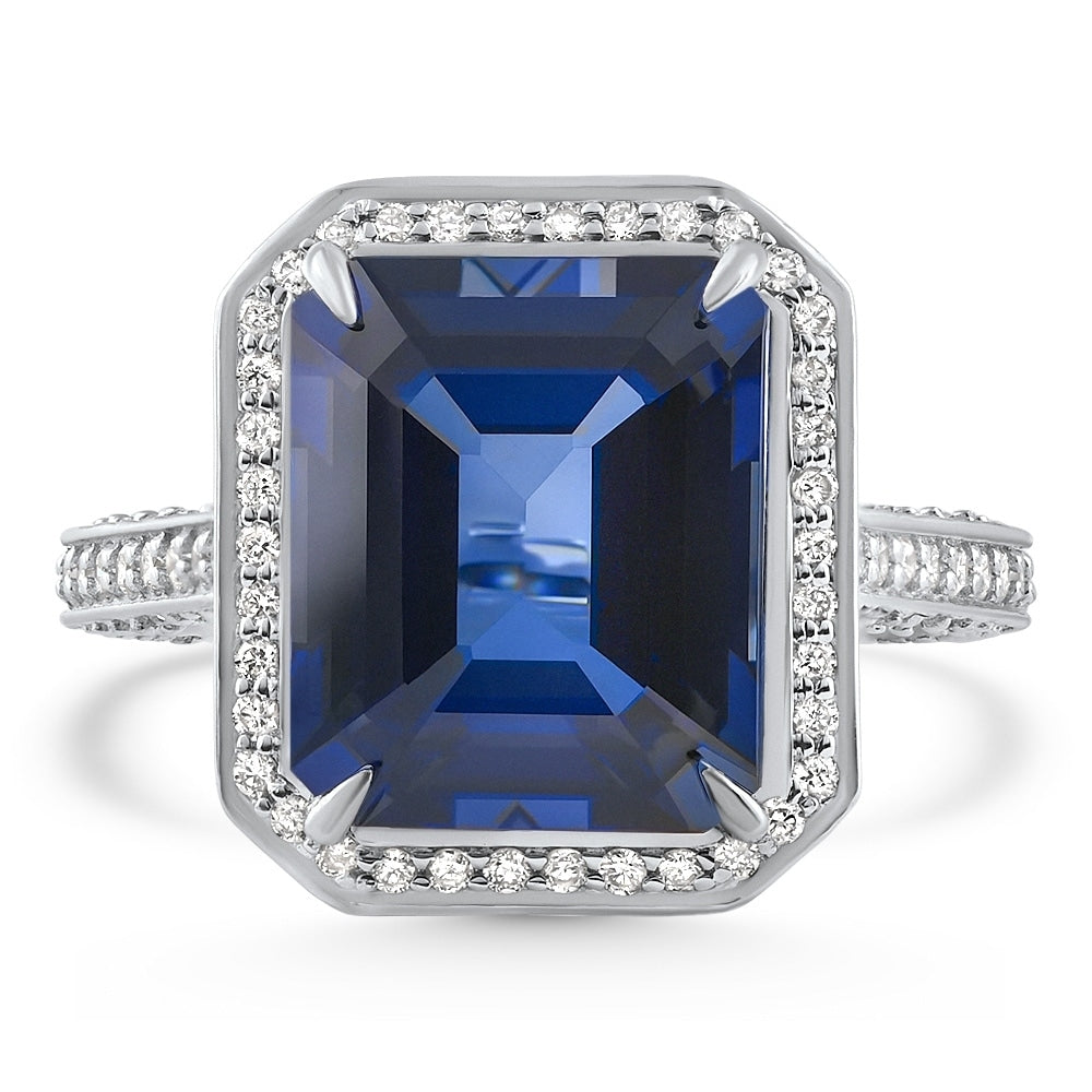 Bliss Diamond 17.45Ct Emerald Cut Blue Sapphire Diamond Ring White Gold Lab Grown