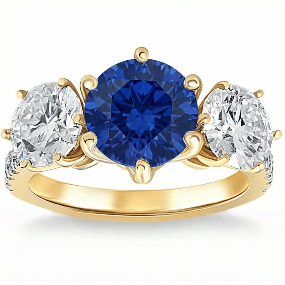 Bliss Diamond Certified 6 3 4Ct Blue Sapphire Diamond Ring Three Stone Gold Lab Grown