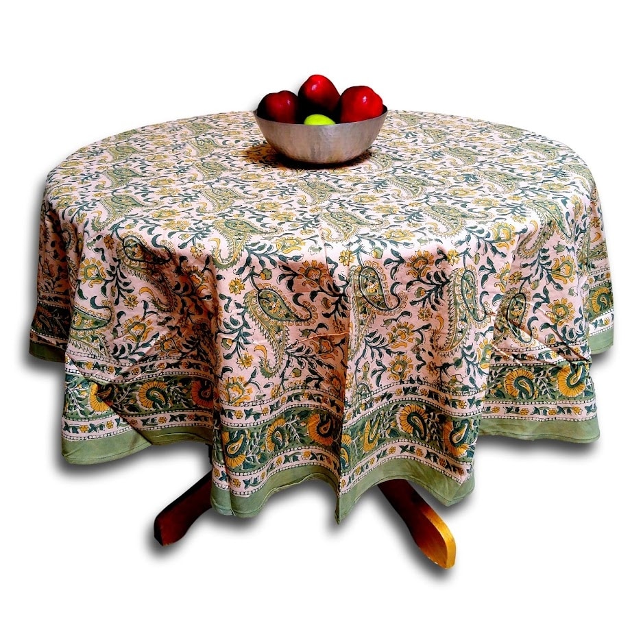 Rajasthan Paisley Cotton Block Print Floral Tablecloth Rectangular Square Round Linen