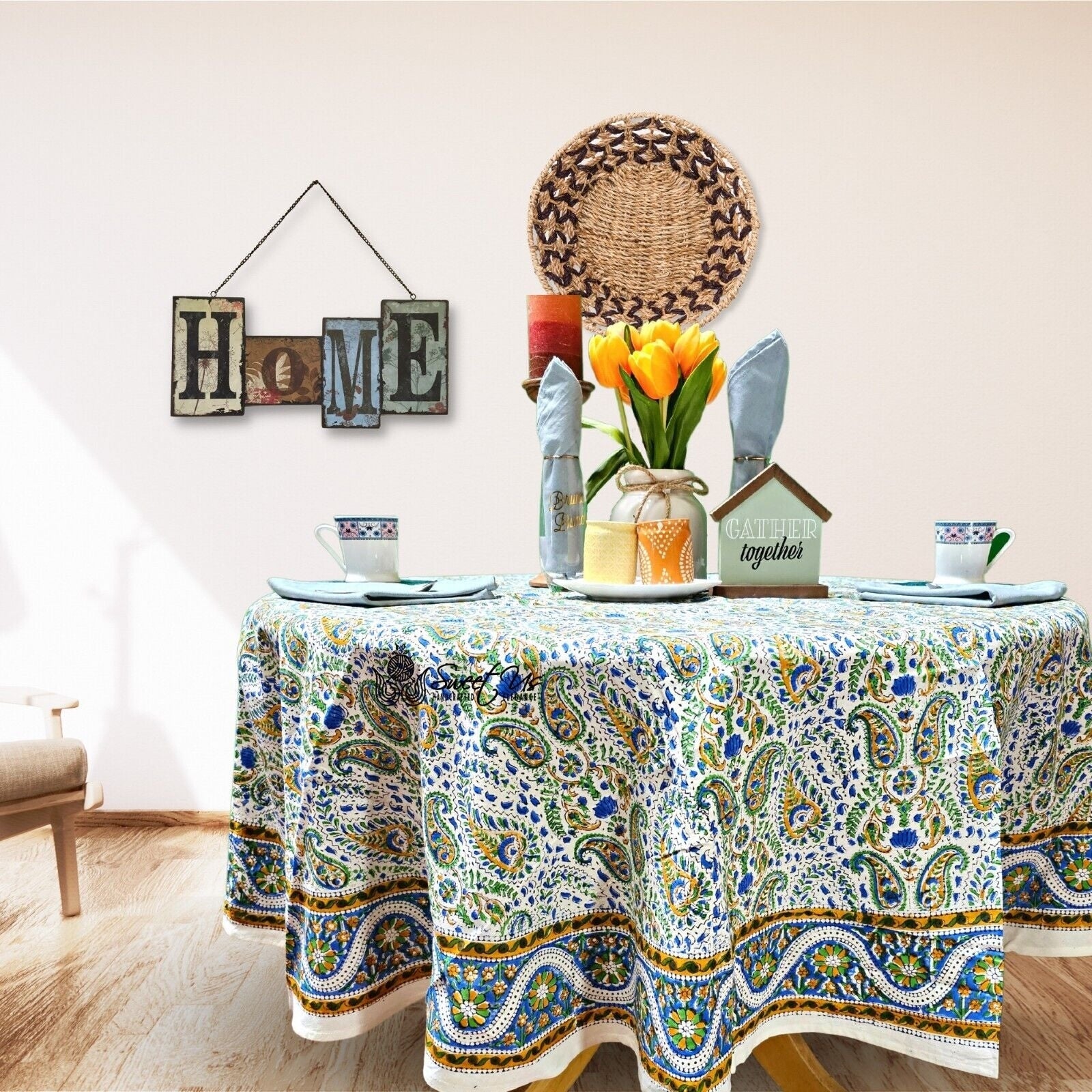 Hand Block Print Paisley Floral Tablecloth Round Square Cotton Table Linen